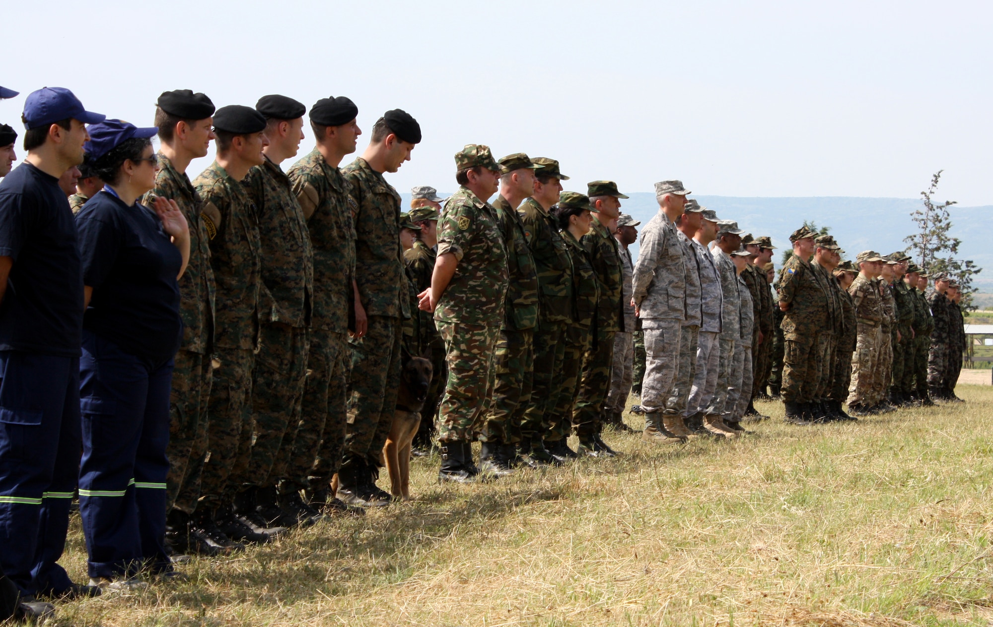 CAMP PEPELISHTE, Macedonia – Service members from Macedonia, Montenegro, Bosnia and Herzegovina, Serbia, Slovenia, Norway and the United States stand at parade rest during opening comments at the Medical Training Exercise in Central and Eastern Europe 2011 opening ceremony here June 6.  MEDCEUR is a Partnership for Peace and Chairman of the Joint Chiefs of Staff-sponsored regional and multilateral exercise in Central and Eastern Europe designed to provide medical training and operational experience in a deployed environment.  (U.S. Air Force photo/Master Sgt. Kelley J. Stewart)
