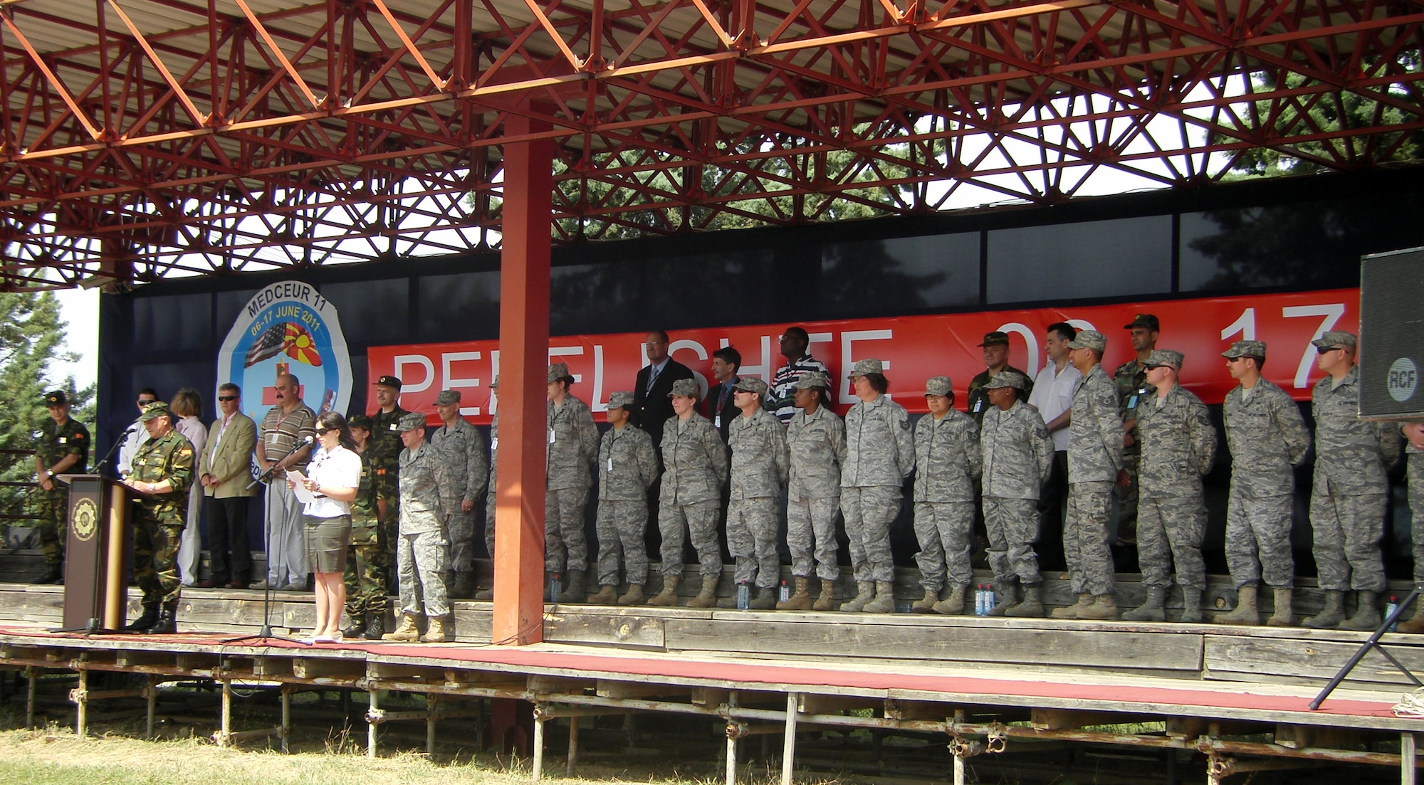 CAMP PEPELISHTE, Macedonia – Gen. Maj. Naser Sejdini, Republic of Macedonia army deputy chief of the general staff, gives his opening remarks during the Medical Training Exercise in Central and Eastern Europe 2011 opening ceremony June 6.  The general welcomed this year’s participants, which included Macedonia, Montenegro, Bosnia and Herzegovina, Serbia, Slovenia, Norway and the United States.  MEDCEUR is a Partnership for Peace and Chairman of the Joint Chiefs of Staff-sponsored regional and multilateral exercise in Central and Eastern Europe designed to provide medical training and operational experience in a deployed environment.  (U.S. Air Force photo/Master Sgt. Kelley J. Stewart)