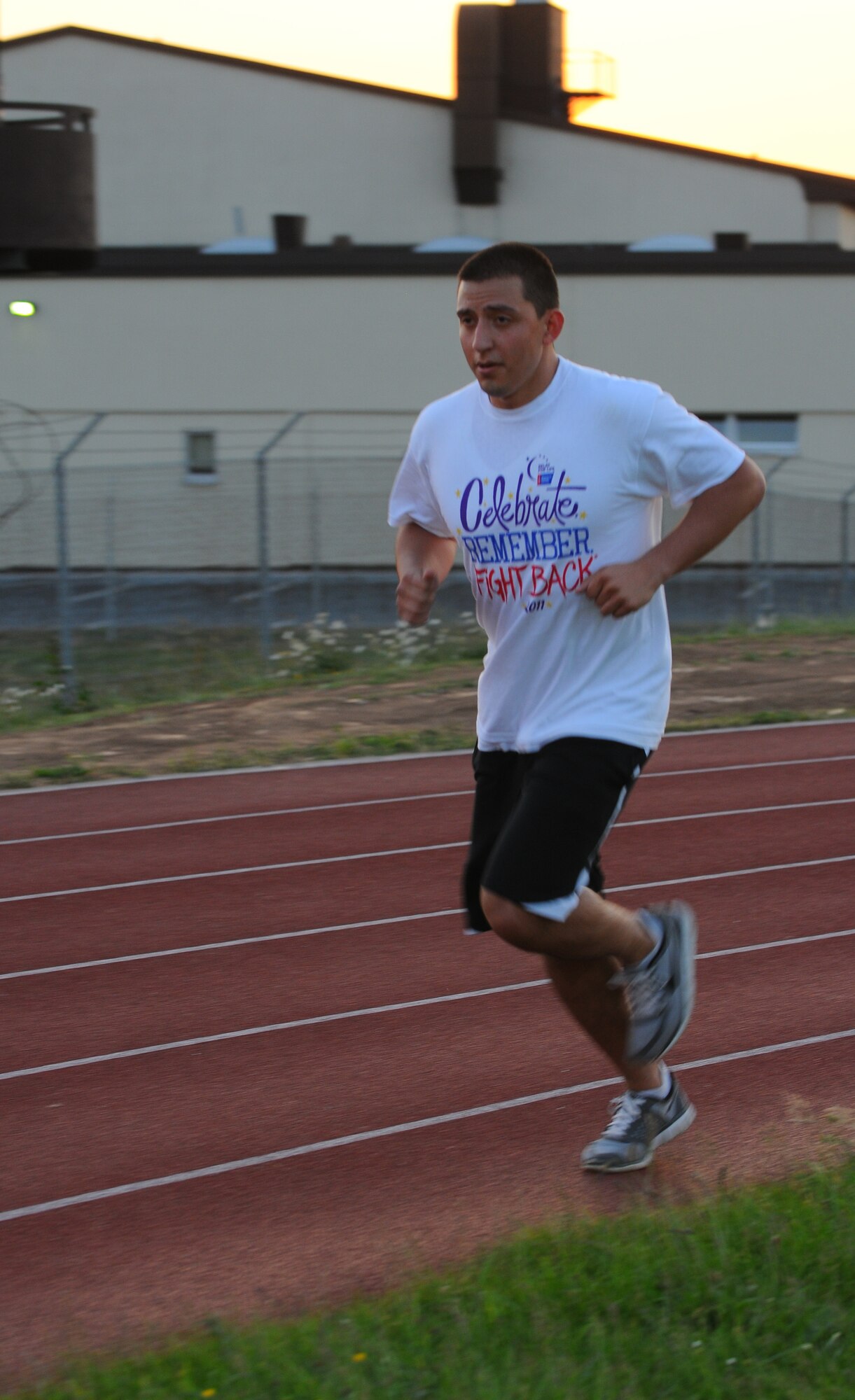 SPANGDAHLEM AIR BASE, Germany – Staff Sgt. Garth Shannon, 52nd Equipment Maintenance Squadron, runs around the base track during the Relay for Life 24-hour fundraising event here June 3. The Relay for Life fundraiser had 137 supporters participate in the event and raised $1,319.85 for the American Cancer Society. (U.S. Air Force photo/Airman 1st Class Dillon Davis)