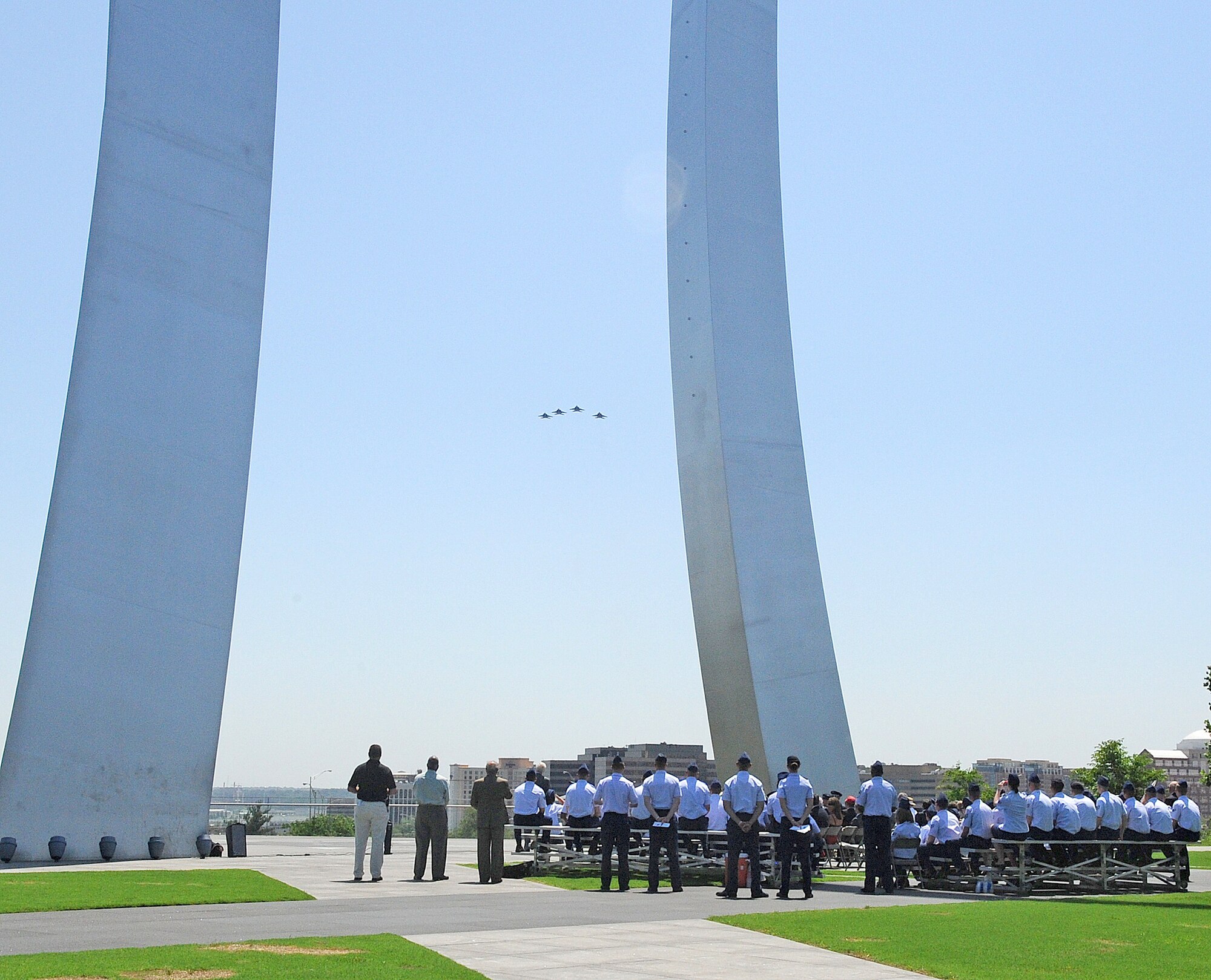 Four F-15E Strike Eagles fly June 2, 2011, above the Air Force Memorial in Arlington, Va., following the 4th Fighter Wing's acceptance of the inaugural Doolittle Award. The Air Force Historical Foundation's new distinction acknowledges sustained, distinctive contributions to the history and heritage of the U.S. Air Force, and is named after aviation pioneer James H. Doolittle, who served as a lieutenant general in the United States Army Air Forces during World War II and received the Medal of Honor for valor and leadership as commander of the famous Doolittle Raid. (U.S. Air Force photo/Senior Airman Gino Reyes)