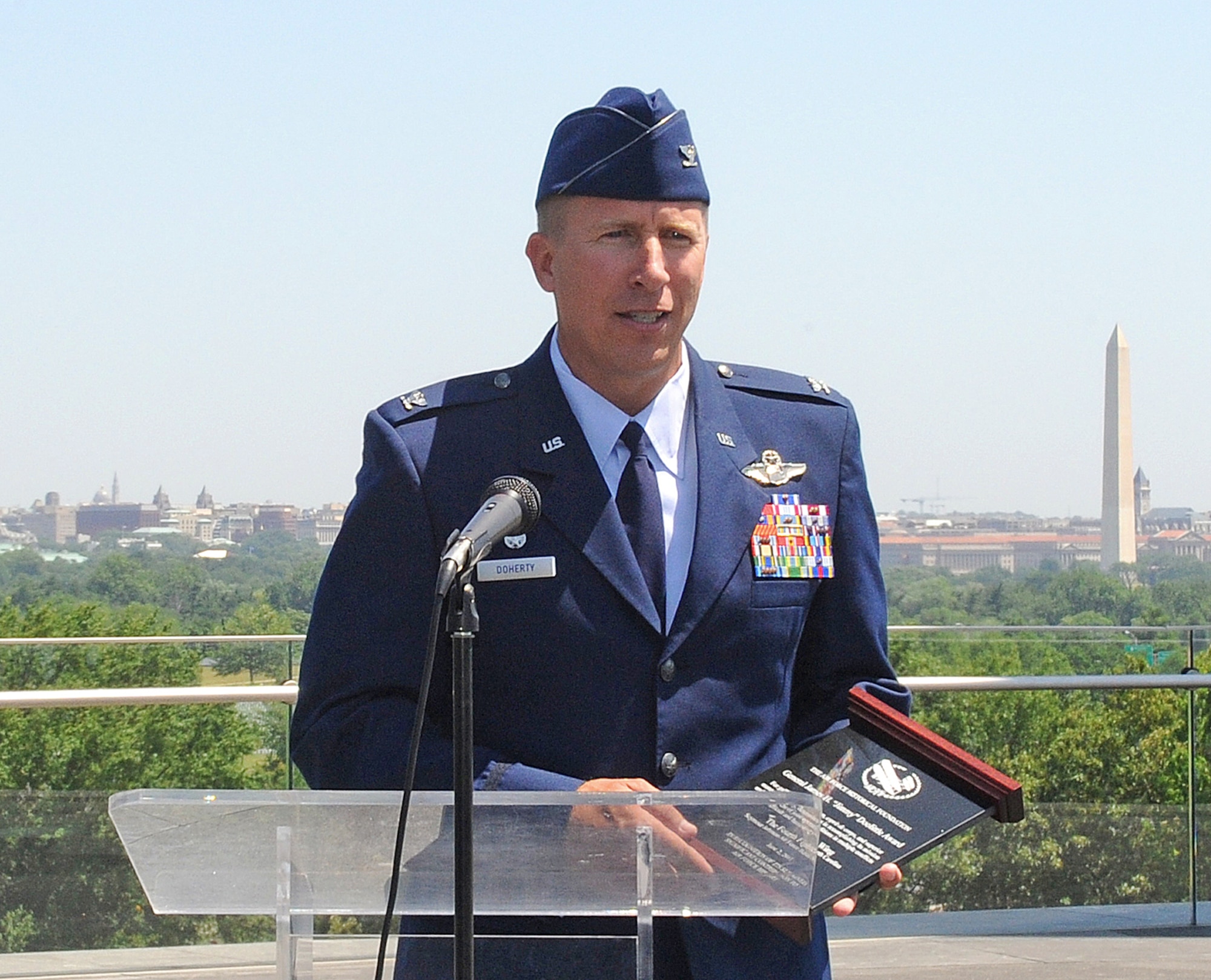 Col. Patrick Doherty speaks June 2, 2011, at the Air Force Memorial in Arlington, Va., after accepting the inaugural Doolittle Award on behalf of the 4th Fighter Wing. Colonel Doherty is the commander of the 4th FW. (U.S. Air Force photo/Senior Airman Gino Reyes)