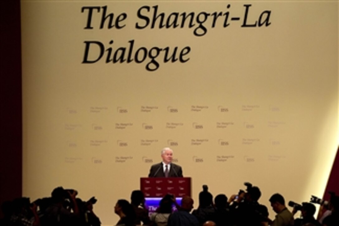 Secretary of Defense Robert M. Gates addresses the audience during the 10th International Institute for Strategic Studies Asia Security Summit at the Shangri-La Hotel in Singapore on June 4, 2011.  
