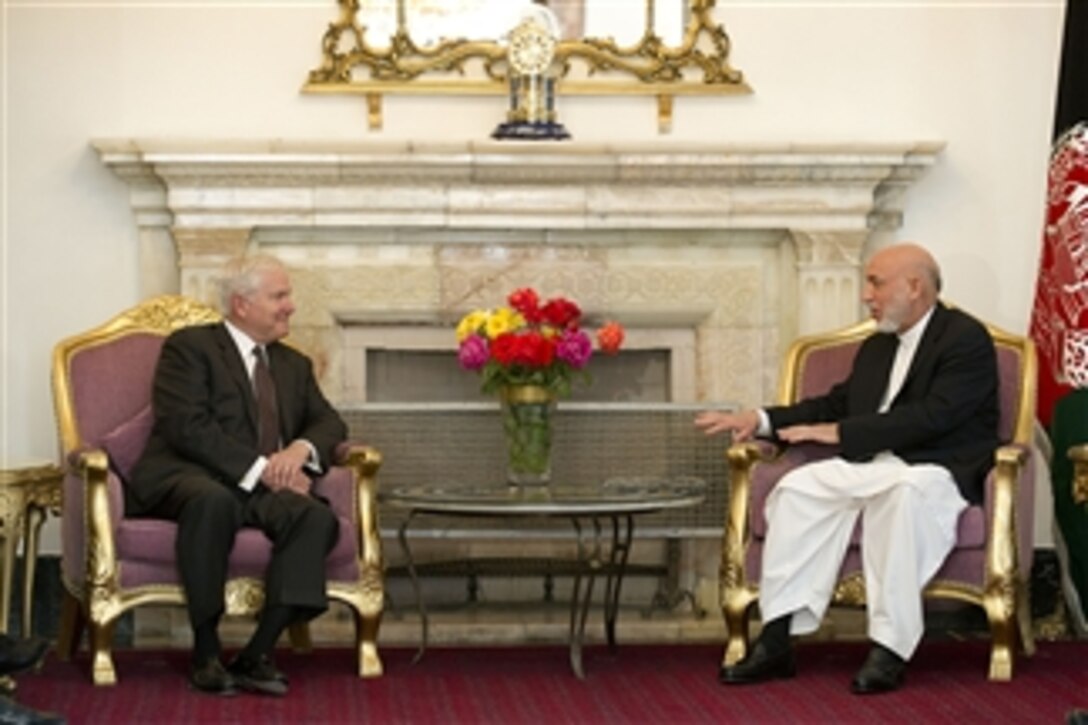 Secretary of Defense Robert M. Gates meets with President of Afghanistan Hamid Karzai in Kabul, Afghanistan, on June 4, 2011.  