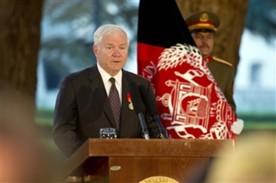 Secretary of Defense Robert M. Gates and President of Afghanistan Hamid Karzai conduct a press conference in Kabul, Afghanistan, on June 4, 2011.   