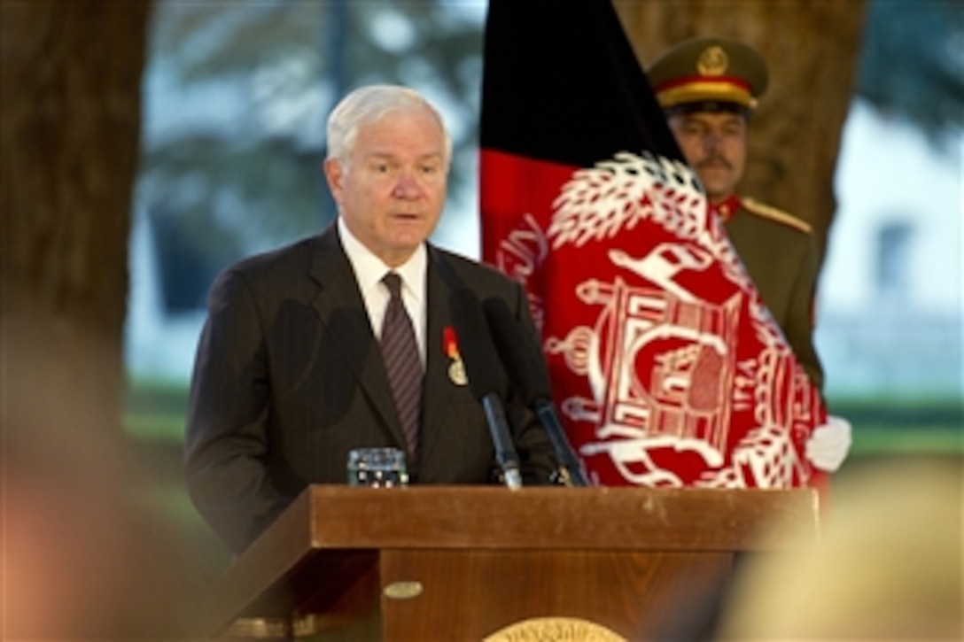 Secretary of Defense Robert M. Gates and President of Afghanistan Hamid Karzai conduct a press conference in Kabul, Afghanistan, on June 4, 2011.   