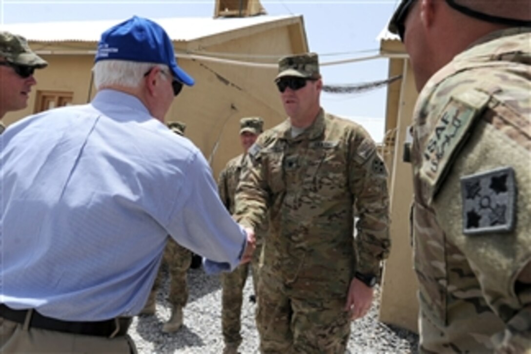 Secretary of Defense Robert M. Gates meets with troops at a Forward Operating Base in Afghanistan on June 5, 2011.  