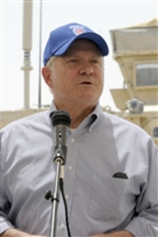 Secretary of Defense Robert M. Gates addresses the troops at a Forward Operating Base in Afghanistan on June 5, 2011.  