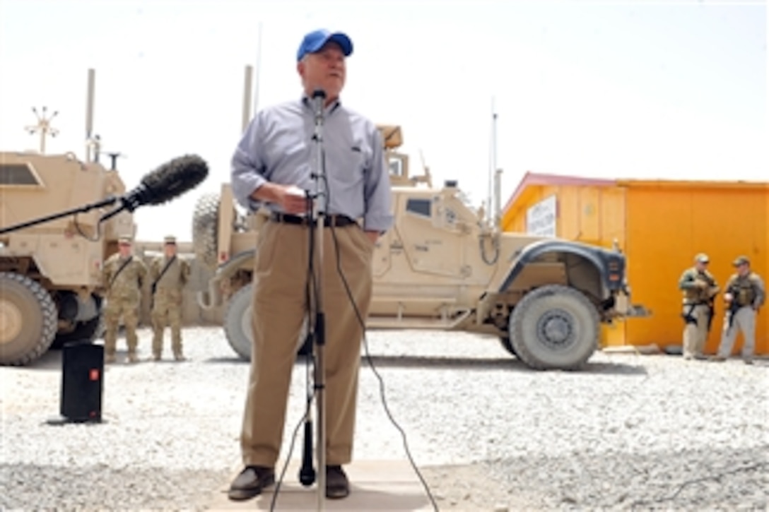 Secretary of Defense Robert M. Gates addresses the troops at a Forward Operating Base in Afghanistan on June 5, 2011.  