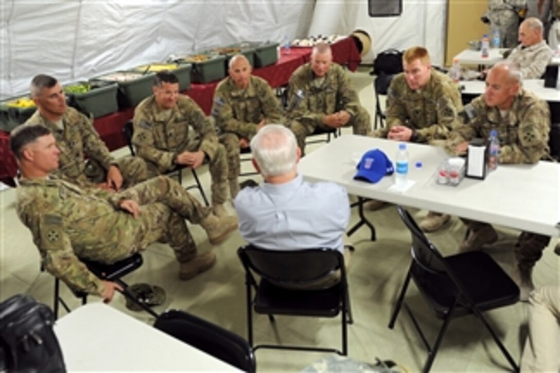 Secretary of Defense Robert M. Gates meets with unit commanders at a Forward Operating Base in Afghanistan, June 5, 2011.  