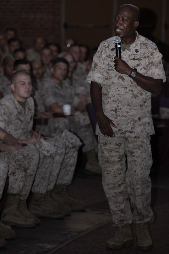 Sgt. Maj. Carlton W. Kent, 16th sergeant major of the Marine Corps, shares stories about his 35-plus years of service with more than 1,700 Marines and Sailors at the Cherry Point Theater June 7. Kent is slated to give up his post as sergeant major of the Marine Corps to Sgt. Maj. Micheal P. Barrett during a post and relief ceremony at Marine Barracks Washington in Washington, D.C., June 9. “He is still full of energy,” said Lance Cpl. Lucas B. Johnson, a bulk fuel specialist with Marine Wing Support Squadron 274.