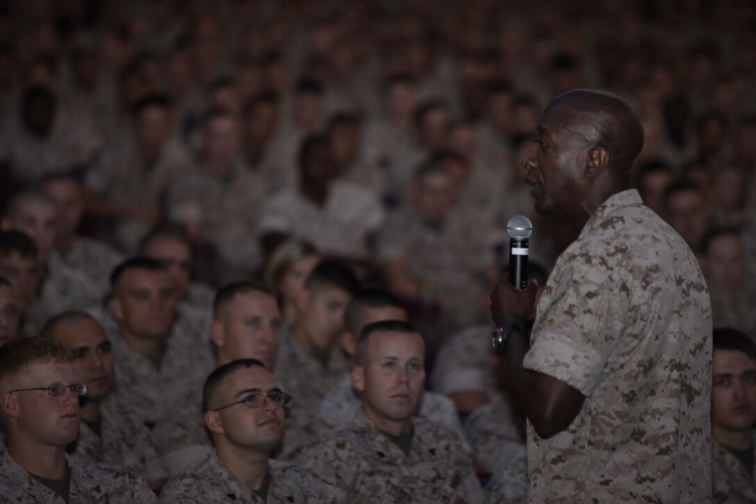Sgt. Maj. Carlton W. Kent, 16th sergeant major of the Marine Corps, speaks with more than 1,700 Marines and Sailors at the Cherry Point Theater June 7. Kent is slated to give up his post as sergeant major of the Marine Corps to Sgt. Maj. Micheal P. Barrett during a post and relief ceremony at Marine Barracks Washington in Washington, D.C., June 9. “I’m proud of you devil dogs," Kent said to the Marines. "Remember, the eagle, globe and anchor is branded in our hearts forever.”
