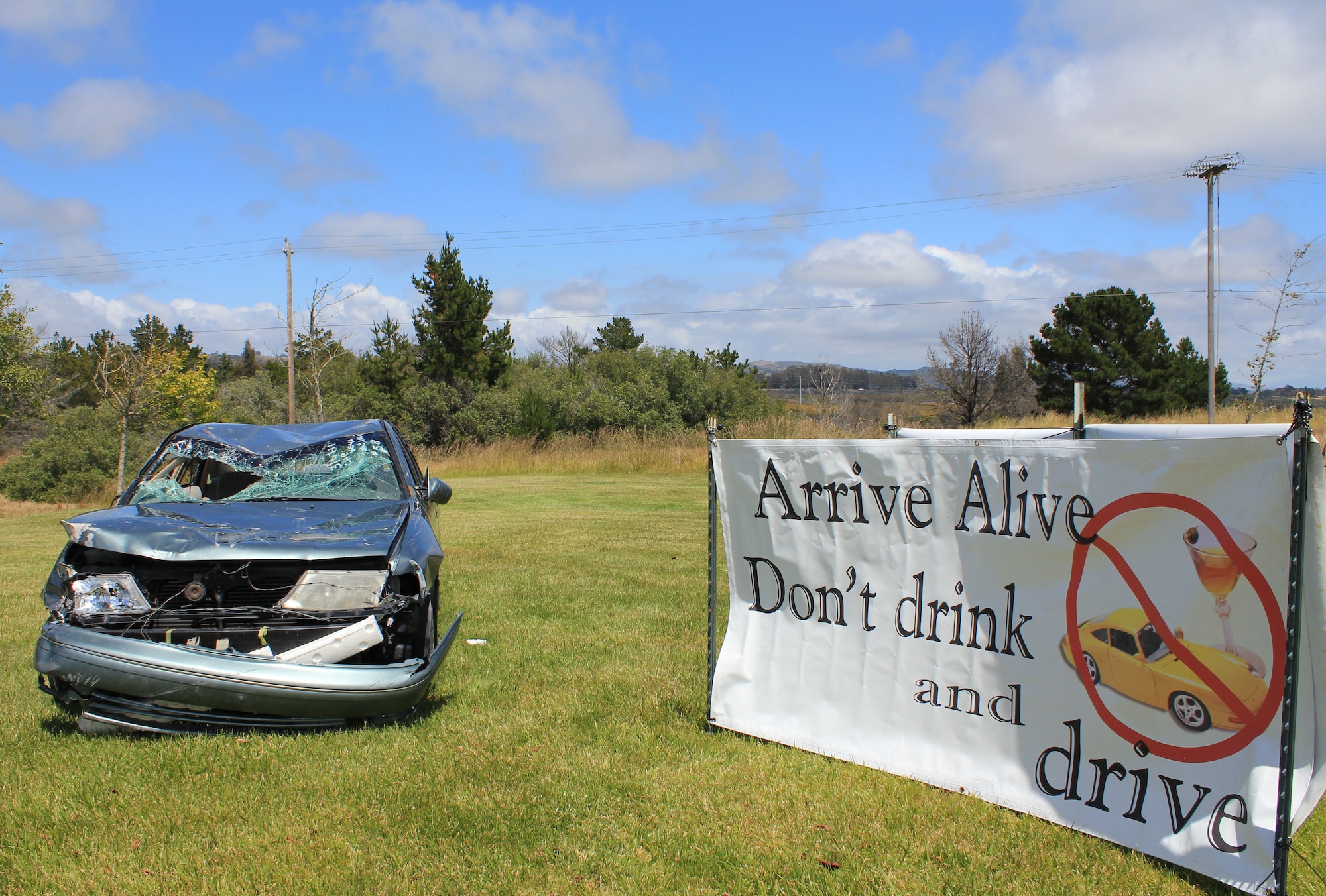 VANDENBERG AIR FORCE BASE, Calif. – A totaled vehicle display at the intersection of California Boulevard and Utah Avenue kicks-off the Critical Days of Summer campaign here Monday, June 6, 2011. This is a visual reminder for Team V members of the dangers of drinking and driving. (U.S. Air Force photo/Jennifer Green)

