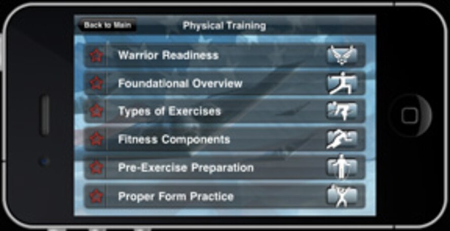 Air Force Airmen Fundamentals Physical Training menu of ipod interface image of mobile phone app.