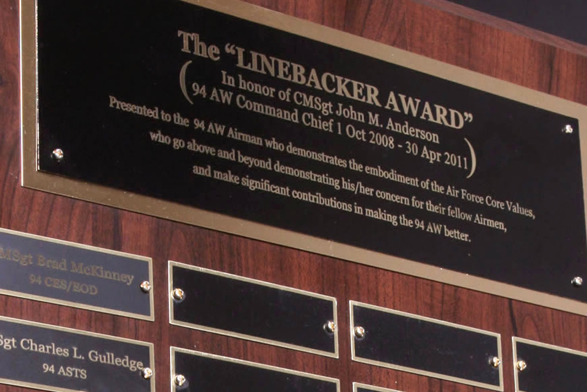 The Linebacker Award is presented to those who perform above and beyond the normal expectations. (U.S. Air Force Photo/Don Peek)