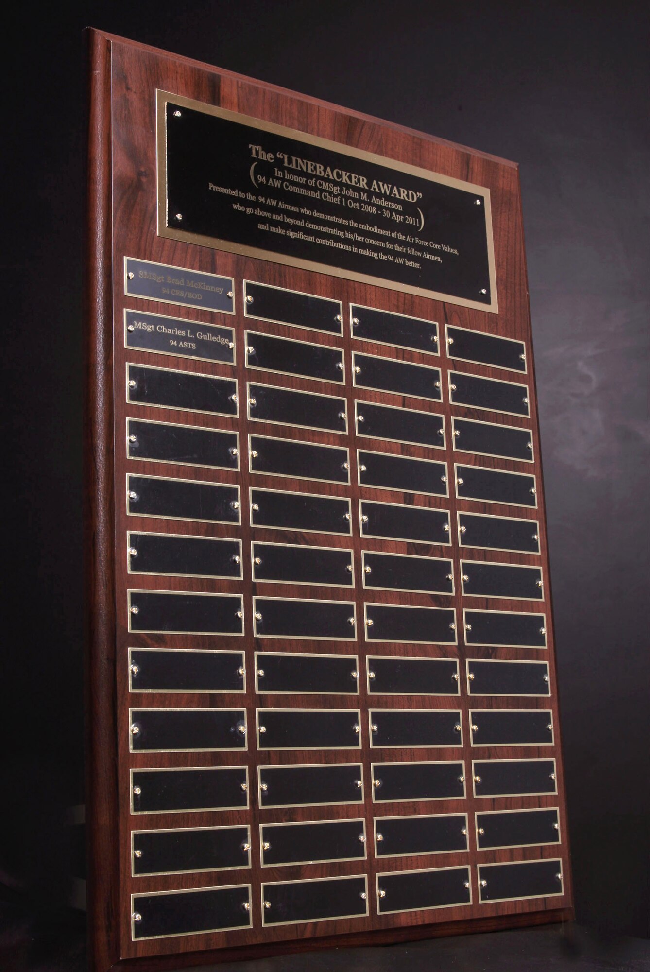 The "Linebacker" Award was created in honor of retired Chief Master Sgt. John M. Anderson, former 94th Airlift Wing Command Chief as his tribute to the men and women of Dobbins Air Reserve Base. (U.S. Air Force Photo/Don Peek)