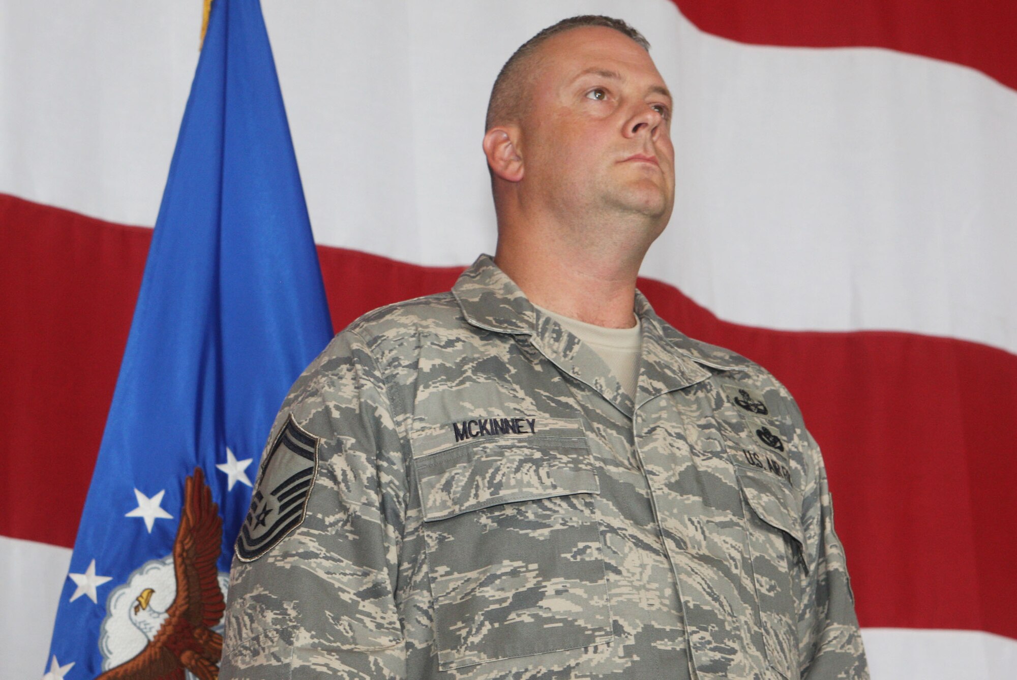 Senior Master Sgt. Bradley J. McKinney, Superintendent, 94th Explosive Ordinance Flight, one of the first recipients of the 94th Airlift Wing "Linebacker Award" presented June 5. (U.S. Air Force Photo/Don Peek)
