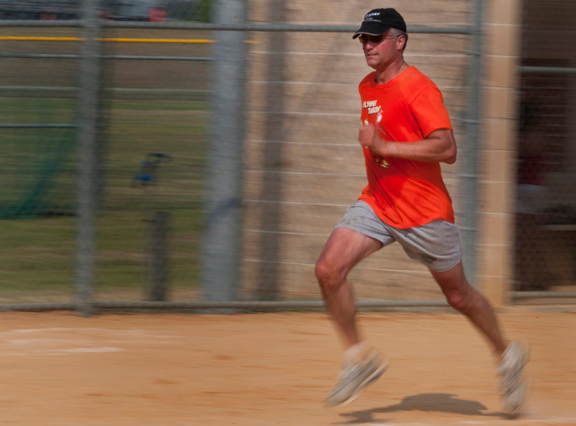 Col. William DeMaso, 23rd Wing vice commander, sprints for home during the Chiefs vs. Eagles softball game June 3, at Moody Air Force Base Ga. The Eagles came back from a loss in the first game to win 2 out of 3 games. (U.S. Air Force photo/Airman 1st Class Jarrod Grammel)(RELEASED)
