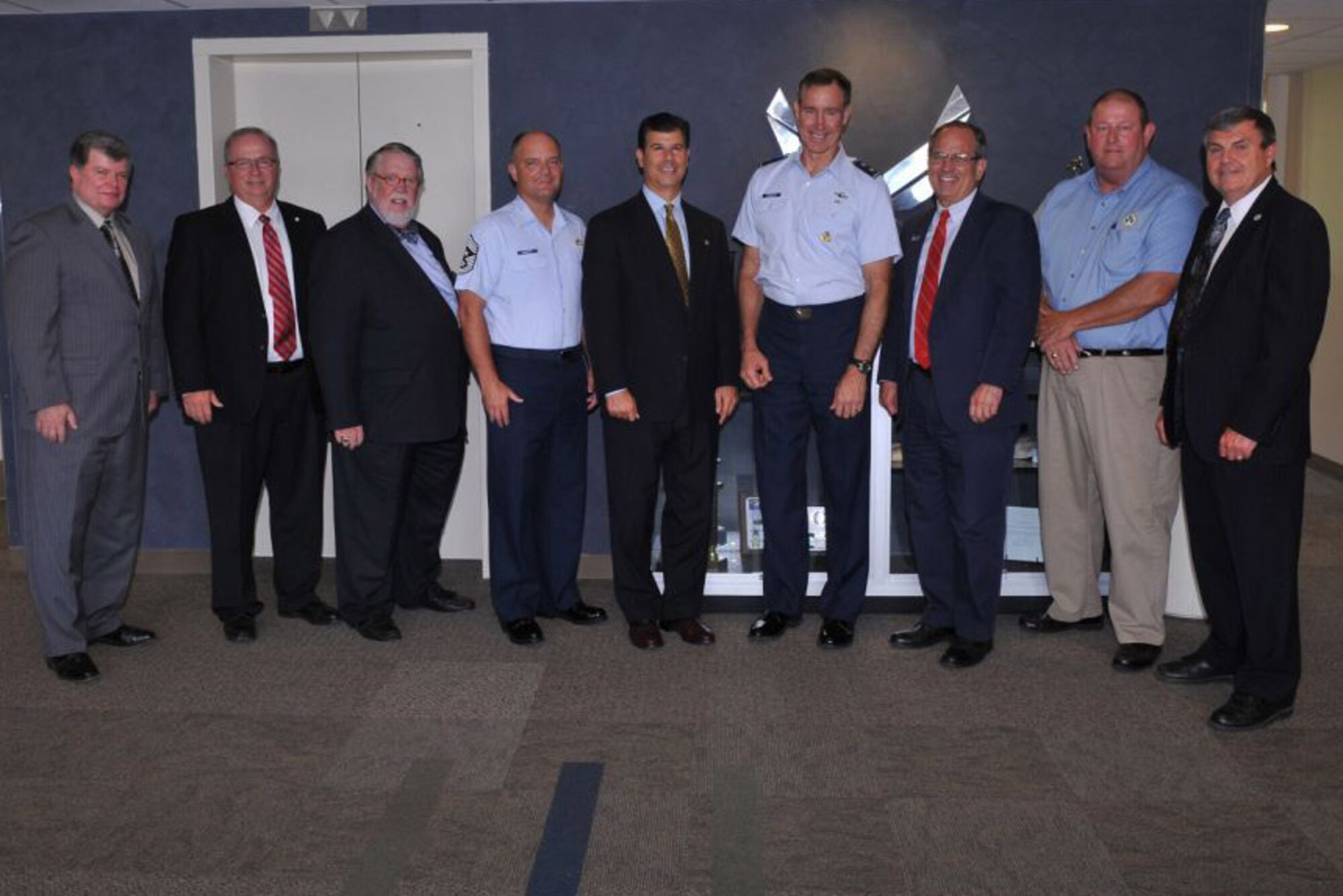 Attending the mayors' luncheon June 3, 2011, from left to right, are Bud Redmond, director of staff at Headquarters Air Force Reserve Command, Robins Air Force Base, Ga.; Perry Mayor Jimmy Faircloth; Fort Valley Mayor John Stumbo; AFRC Command Chief Master Sgt. Dwight Badgett; Warner Robins Mayor Chuck Shaheen; AFRC Vice Commander Maj. Gen. Craig Gourley; Macon Mayor Robert Reichert; Dublin Mayor Phil Best; and Centerville Mayor John Harley. The general invited the mayors to lunch with him and key headquarters staffers, so they could learn about the mission of the Air Force Reserve and its impact on the surrounding communities. (U.S. Air Force photo/Gary Cutrell)