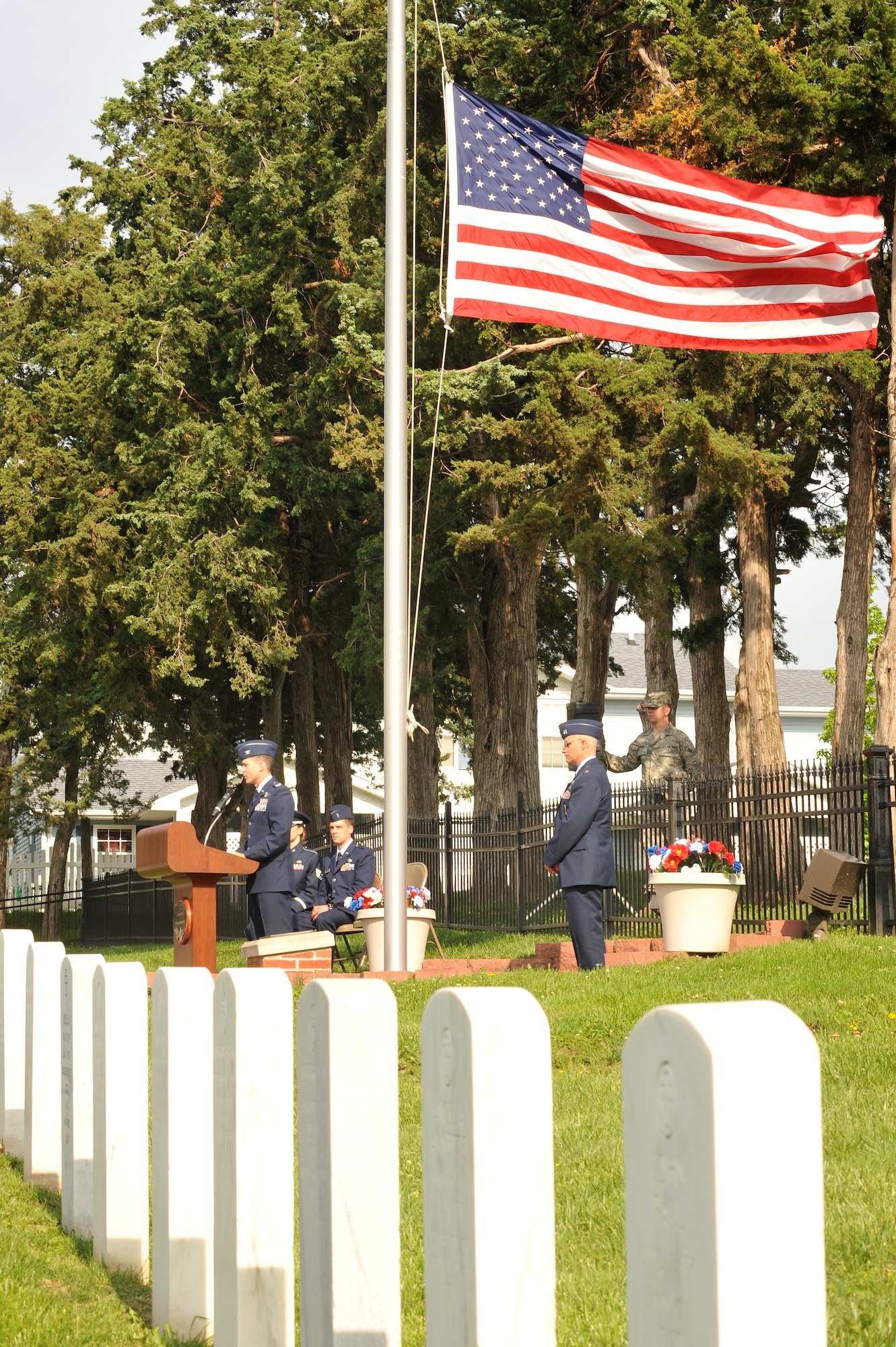 OFFUTT AIR FORCE BASE, Neb. - Col. William P. Jensen, 55th Wing vice commander, speaks to members of the Offutt community at the annual Memorial Day service held at the Offutt Air Force Base cemetery May 30th. The Memorial Day service is held annually to honor veterans from all eras who have served our nation. 
Air Force Photo by D.P. Heard
