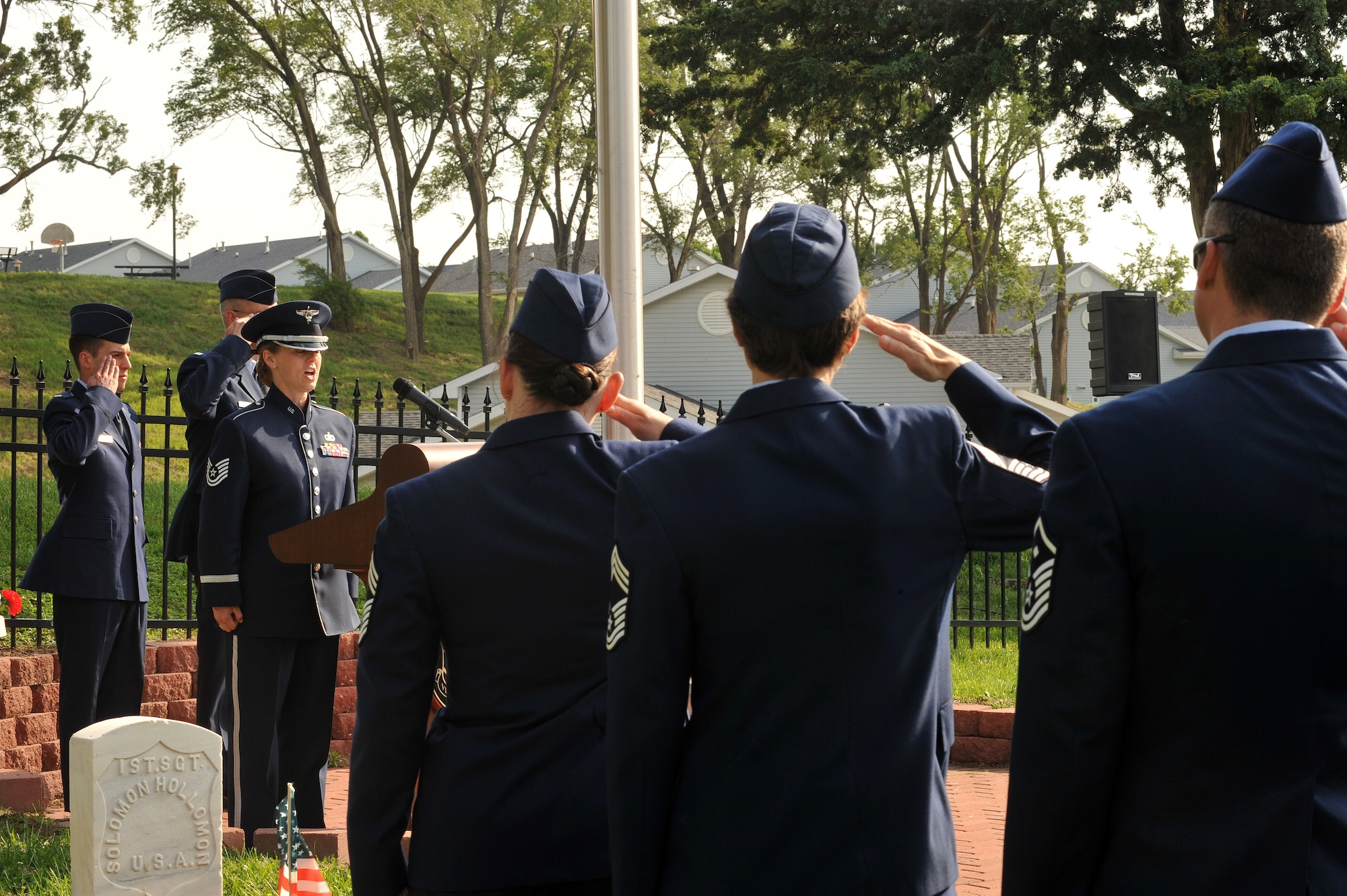 OFFUTT AIR FORCE BASE, Neb. - Tech. Sgt. Krista Joyce of the Heartland of America band sings the national anthem at the annual Memorial Day service at the Offutt Air Force Base cemetery, May 30th. The Memorial Day service is held annually to honor veterans from all eras who have served our nation. U.S. Air Force Photo by D.P. Heard
