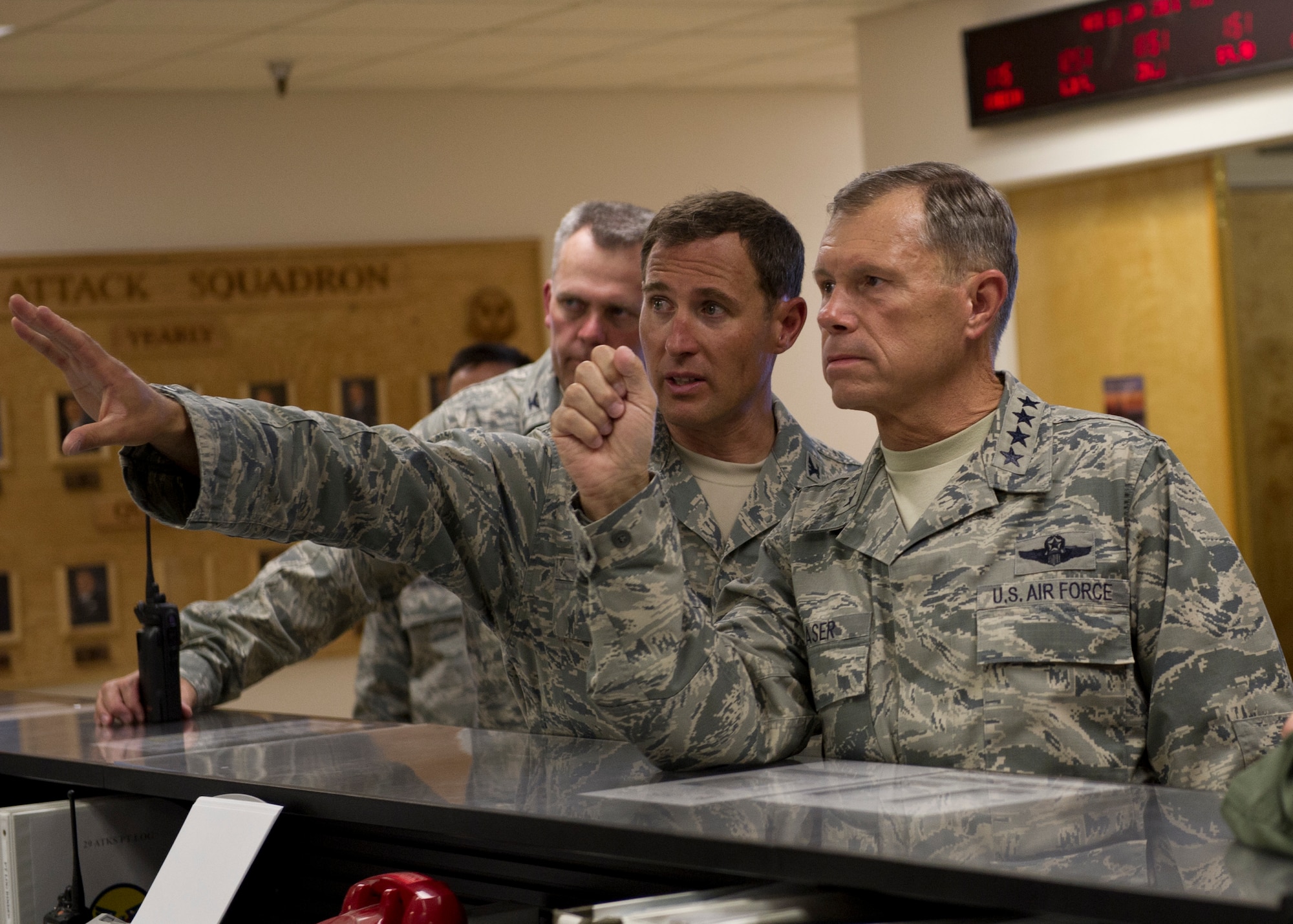 HOLLOMAN AIR FORCE BASE, N.M. -- Col. David Krumm, 49th Wing commander, briefs Gen. William M. Fraser III, commander of Air Combat Command, June 1, 2011, at the 29th Attack Squadron. The 49th WG leadership provided General Fraser details on Holloman’s airspace and remotely piloted aircraft capabilities in conjunction with joint terminal attack controllers. (U.S. Air Force photo by Airman 1st Class Joshua Turner/Released)