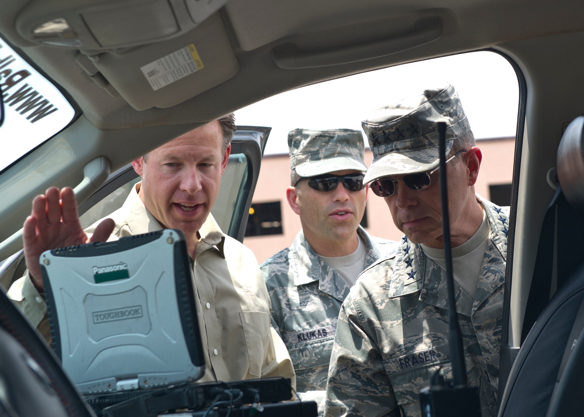 HOLLOMAN AIR FORCE BASE, N.M. -- Mr. Jay Hill briefs Gen. William M. Fraser III, commander of Air Combat Command, June 1, 2011, at the 29th Attack Squadron. Mr. Hill gave General Fraser a brief overview on joint terminal attack controllers' capabilities at Holloman Air Force Base, N.M., and how they assist in the MQ-1 and MQ-9 Remotely Piloted Aircraft training program. (U.S. Air Force photo by Airman 1st Class Joshua Turner/Released)