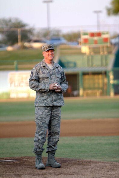 Chief Master Sgt. Shane Clark, 162nd Fighter Wing command chief, gets ready to throw out a first pitch at the Tucson Padres’ Air Guard appreciation day game June 5. (U.S. Air Force photo/Tech. Sgt. Hollie Hansen)