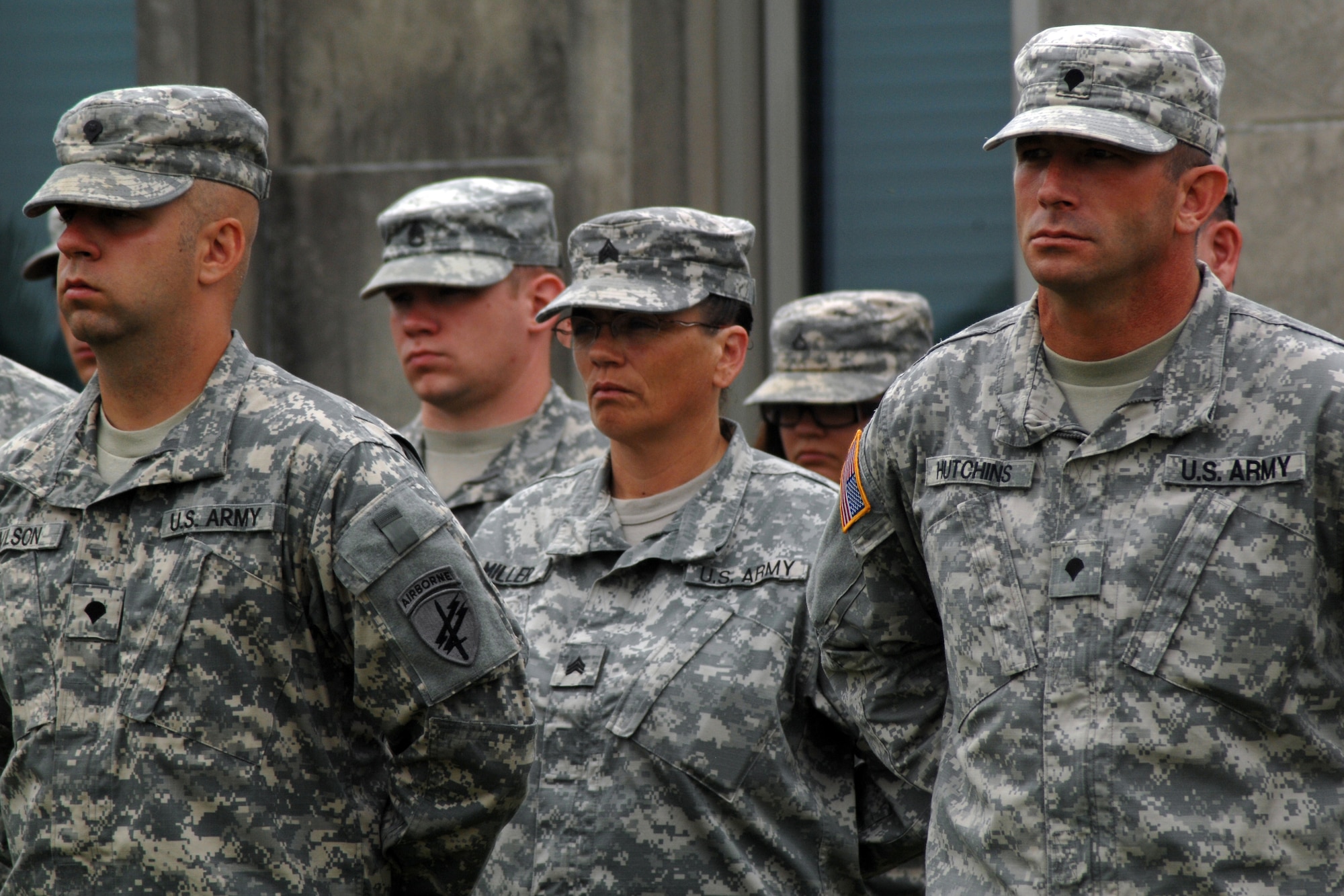 GRISSOM AIR RESERVE BASE, Ind., -- Soldiers assigned to the 316th Psychological Operations company stand in formation during a change of command ceremony held here June 5. Capt. Gregory Baugh, took command of the unit from Maj. Scott Thomson. (U.S. Air Force photo/Tech. Sgt. Doug Hays)