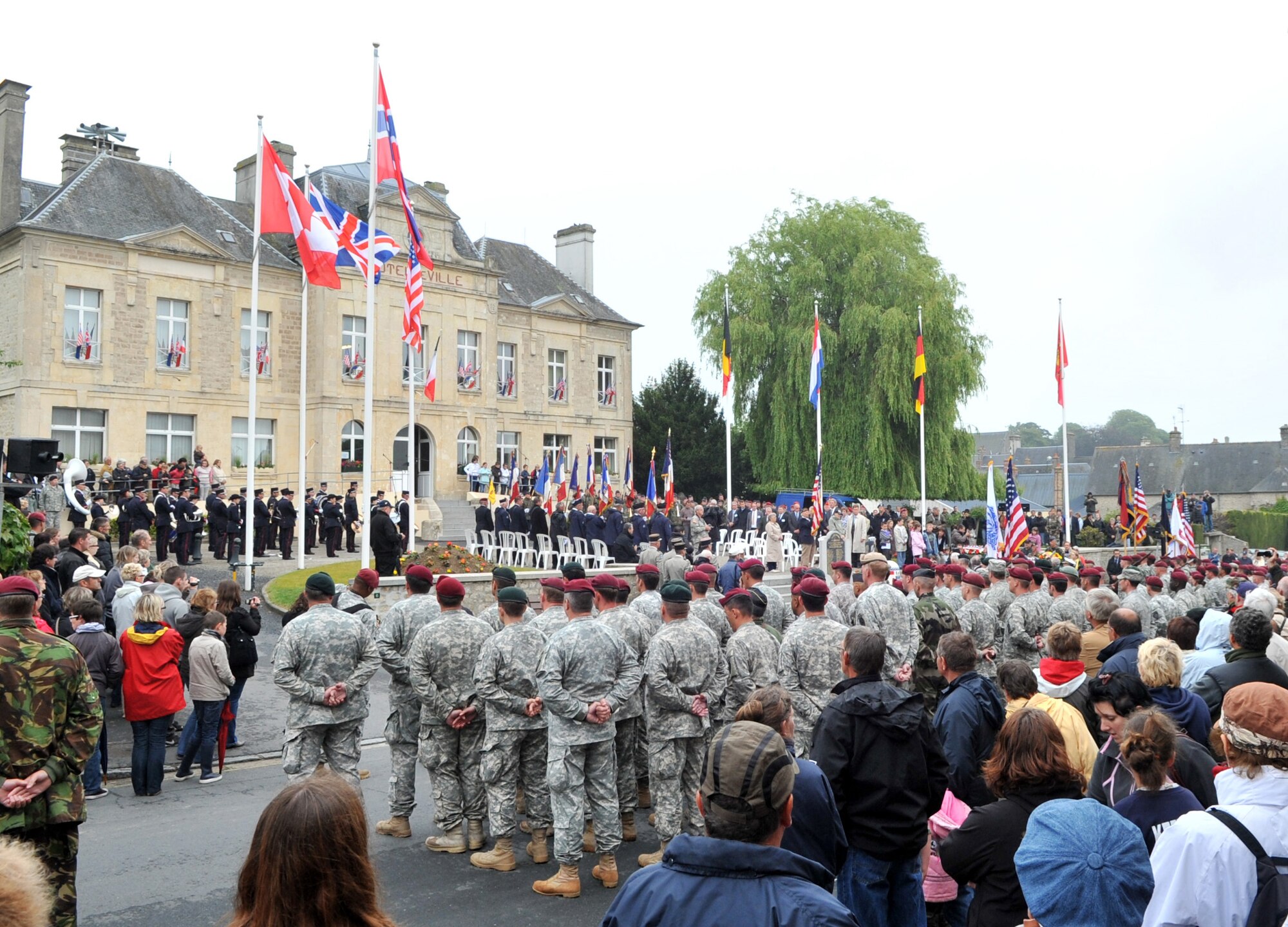 U.S. forces along with allied nations come together for a ceremony in Sainte-Mère-Église, France for the 67th Anniversary of D-Day, June 5, 2011. Each year since the liberation of Normandy, U.S. forces and their allies honor those who gave the ultimate sacrifice on that day. This year's ceremony is scheduled to be attended by dozens of American World War II veterans. (U.S. Air Force photo by Senior Airman Caleb Pierce)  