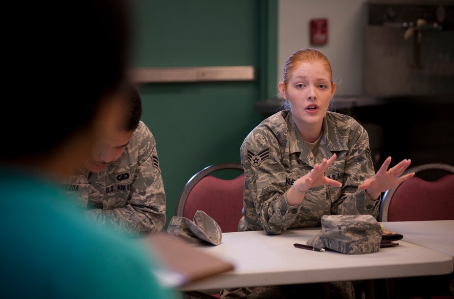 MOODY AIR FORCE BASE, Ga.-- Senior Airman Haley Fowler, 23rd Comptroller Squadron budget analyst, discusses base support for single Airmen during a Caring for People forum held June 2. They later broke into six focus groups and voted on the six most important topics that will be later discussed at the Air Force level.  (U.S. Air Force photo/Senior Airman Benjamin Wiseman)(RELEASED)
