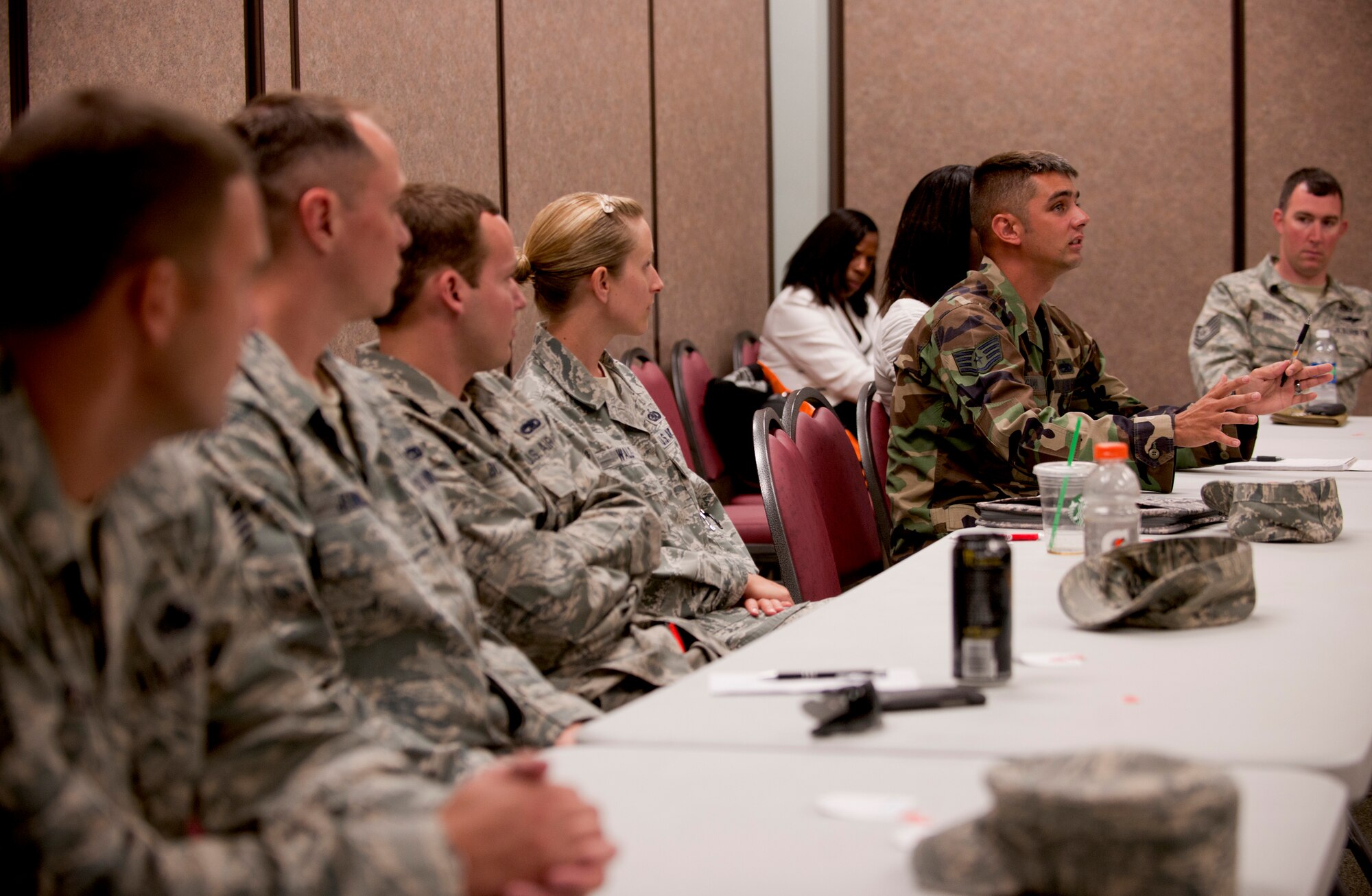 MOODY AIR FORCE BASE, Ga.-- Staff Sgt. Kyle Gamm, 23rd Logistics Readiness Squadron dispatch support assistant NCO in charge, gives his opinion on current deployment issues during a Caring for People forum held June 2. Volunteer representatives from each group gave an overall view of current issues in the Air Force today. (U.S. Air Force photo/Senior Airman Benjamin Wiseman)(RELEASED)