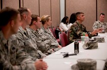 MOODY AIR FORCE BASE, Ga.-- Staff Sgt. Kyle Gamm, 23rd Logistics Readiness Squadron dispatch support assistant NCO in charge, gives his opinion on current deployment issues during a Caring for People forum held June 2. Volunteer representatives from each group gave an overall view of current issues in the Air Force today. (U.S. Air Force photo/Senior Airman Benjamin Wiseman)(RELEASED)