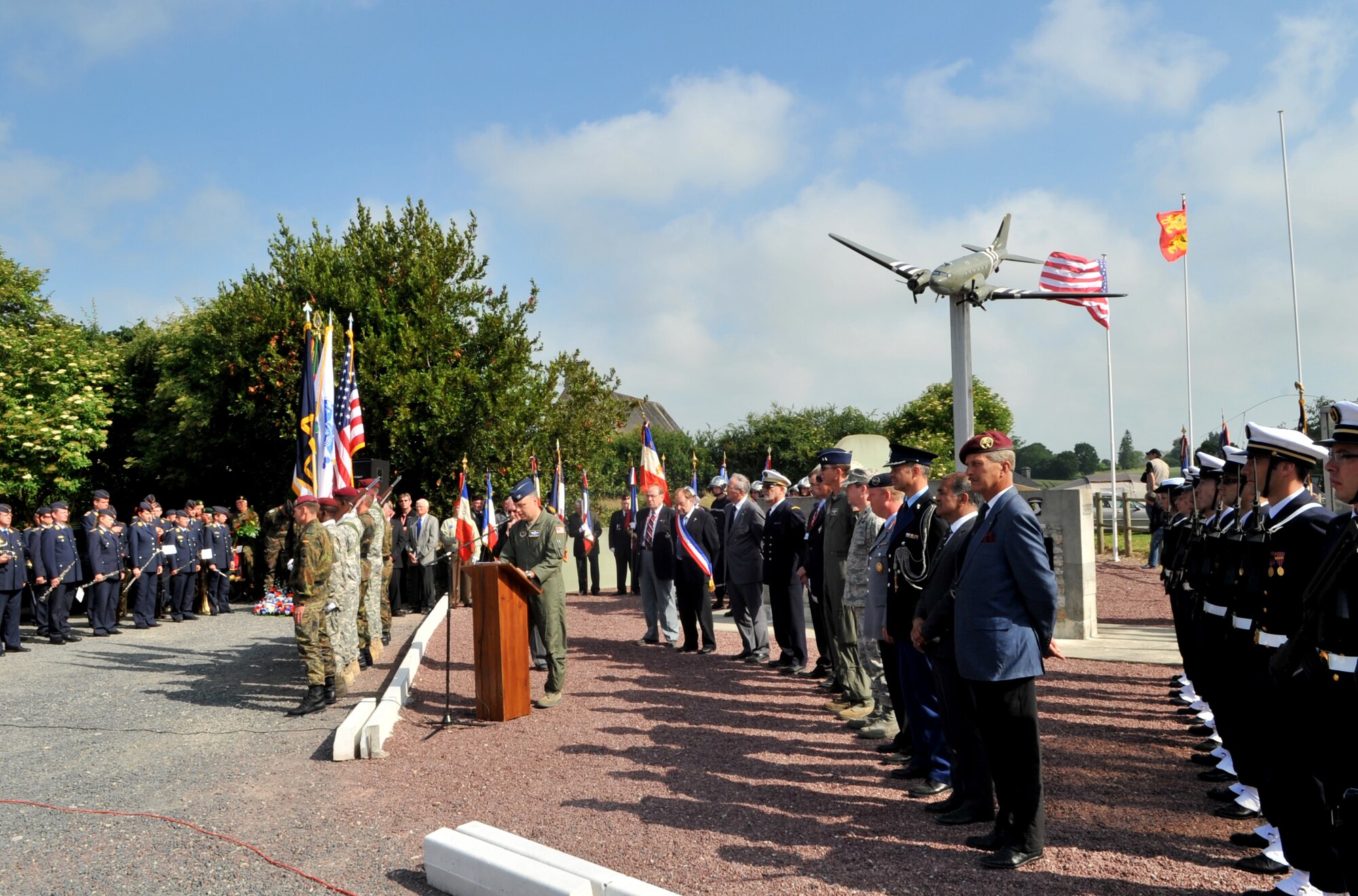 U.S. Air Force Col. Stephen Lambert, 86th Airlift Wing vice commander, speaks to those in attendance at a ceremony in Picauville, France  for the 67th Anniversary of D-Day, June 3, 2011. Each year since the liberation of Normandy, U.S. forces along with allied nations come together to honor those who gave the ultimate sacrifice on that day. This year's ceremony is scheduled to be attended by dozens of American World War II veterans. (U.S. Air Force photo by Senior Airman Caleb Pierce)   