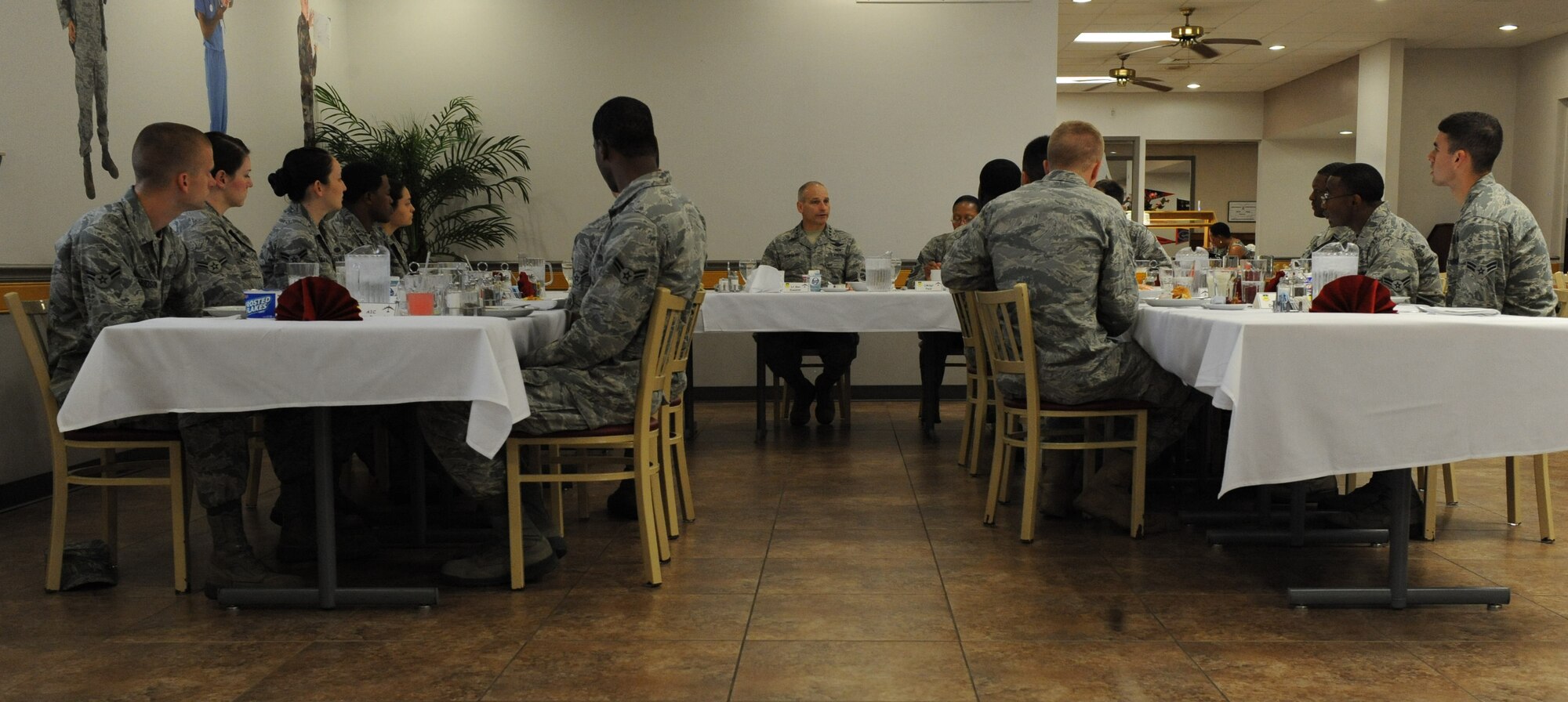 Lt. Gen. James Kowalski, Air Force Global Strike Command commander, leads a breakfast discussion with Barksdale Airmen at the Red River Dining Facility at Barksdale Air Force Base, La., May 19. Topics of discussion included Global Strike Command's involvement in recent base events and how Barksdale Airmen help to accomplish the greater Global Strike Command mission. (U.S. Air Force photo/Airman 1st Class Micaiah Anthony)(RELEASED)