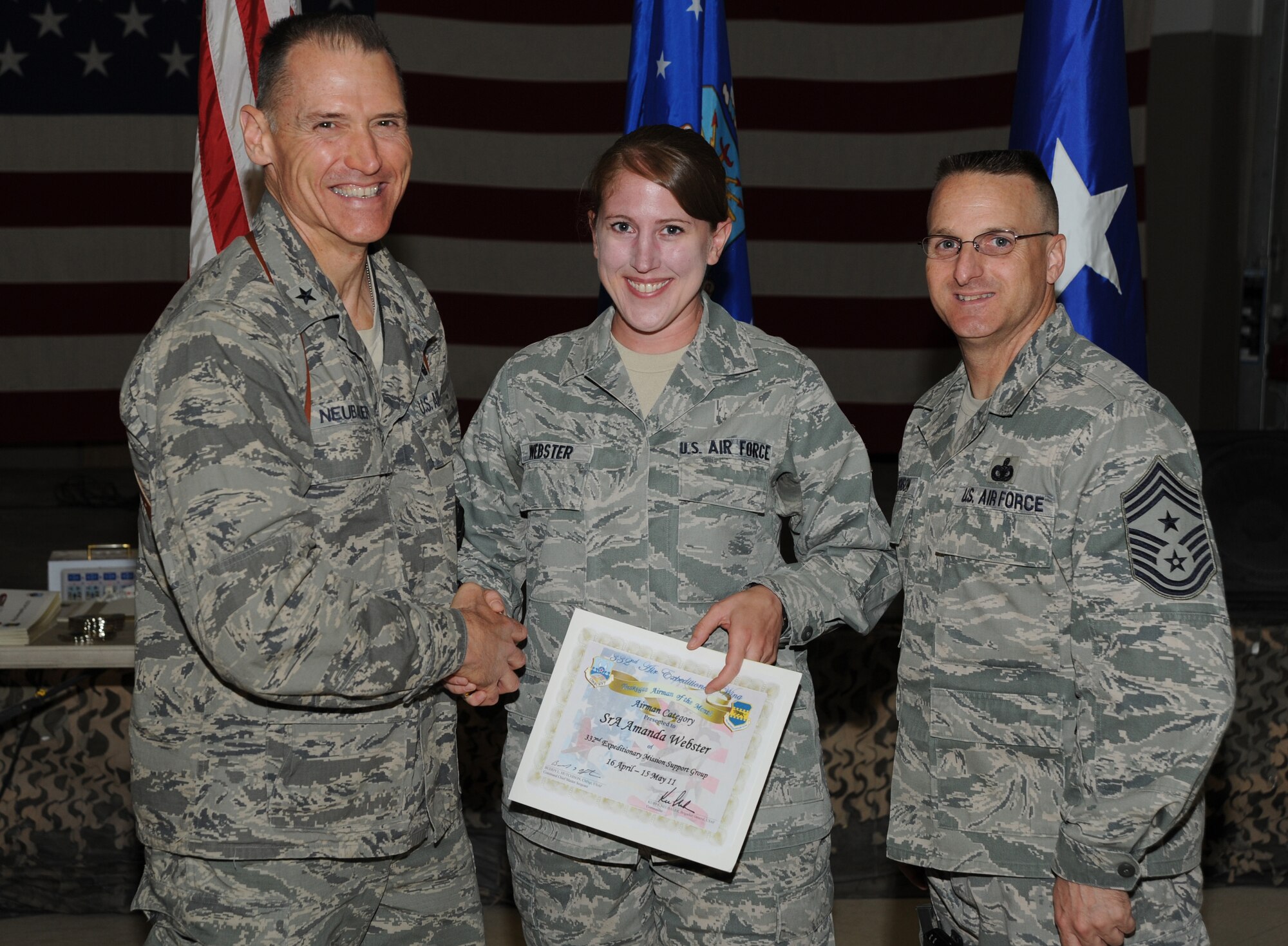 Senior Airman Amanda Webster poses with her recently earned 332nd Air Expeditionary Wing’s Tuskegee Airman of the Month award. Airman has been called a superstar by her superiors due to the fact that she has expedited more than 640,000 gallons of fuel in support of combat operations in the AOR. (Courtesy Photo)