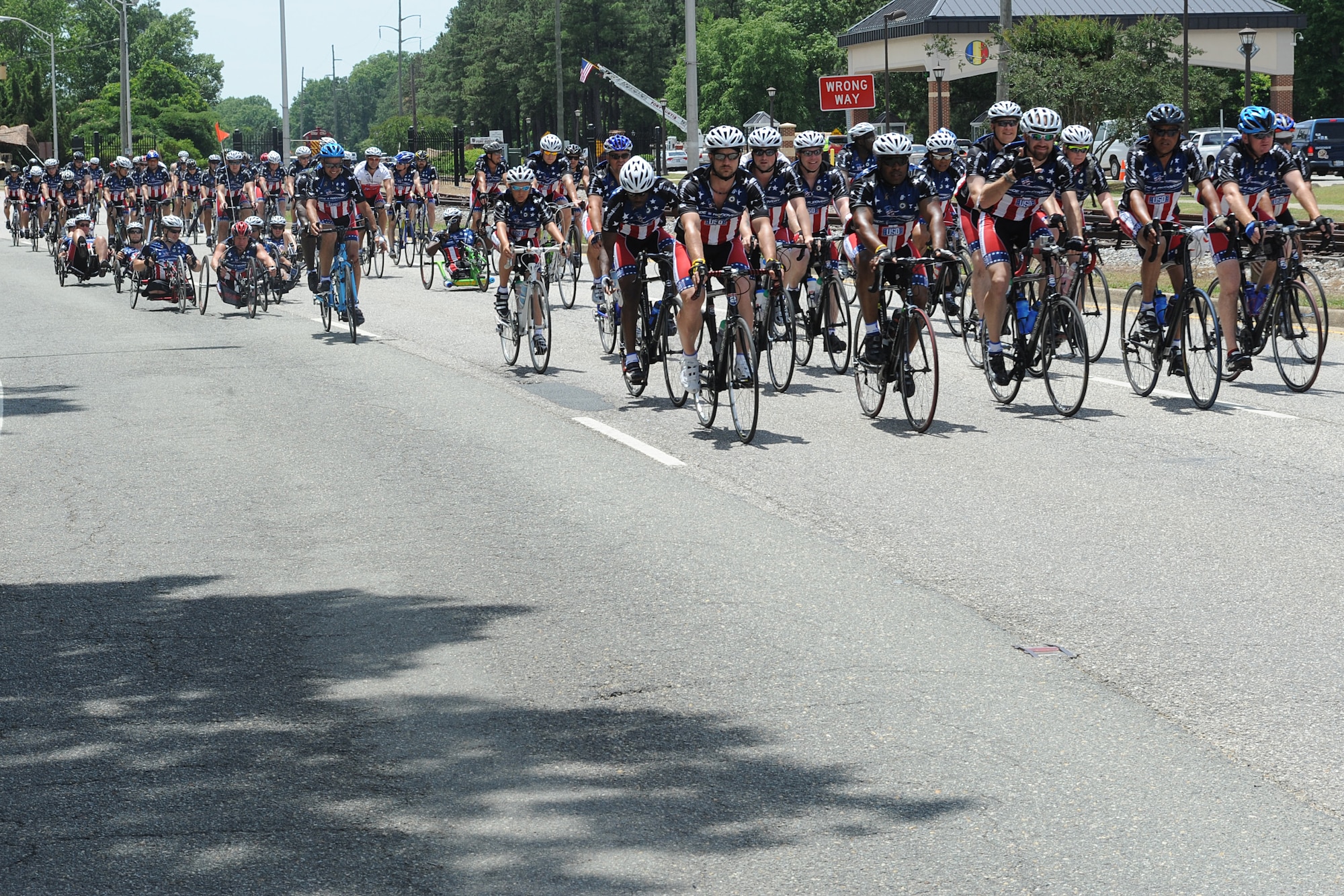 Bicyclists ride through Fort Eustis, Va., during the Ride 2 Recovery Memorial Challenge, June 3, 2011. The wounded warriors began the six-day, 325-mile ride in through Virginia in Arlington on May 31 and finished in Virginia Beach on  June 5. (U.S. Air Force photo by Airman 1st Class Teresa Zimmerman/Released)