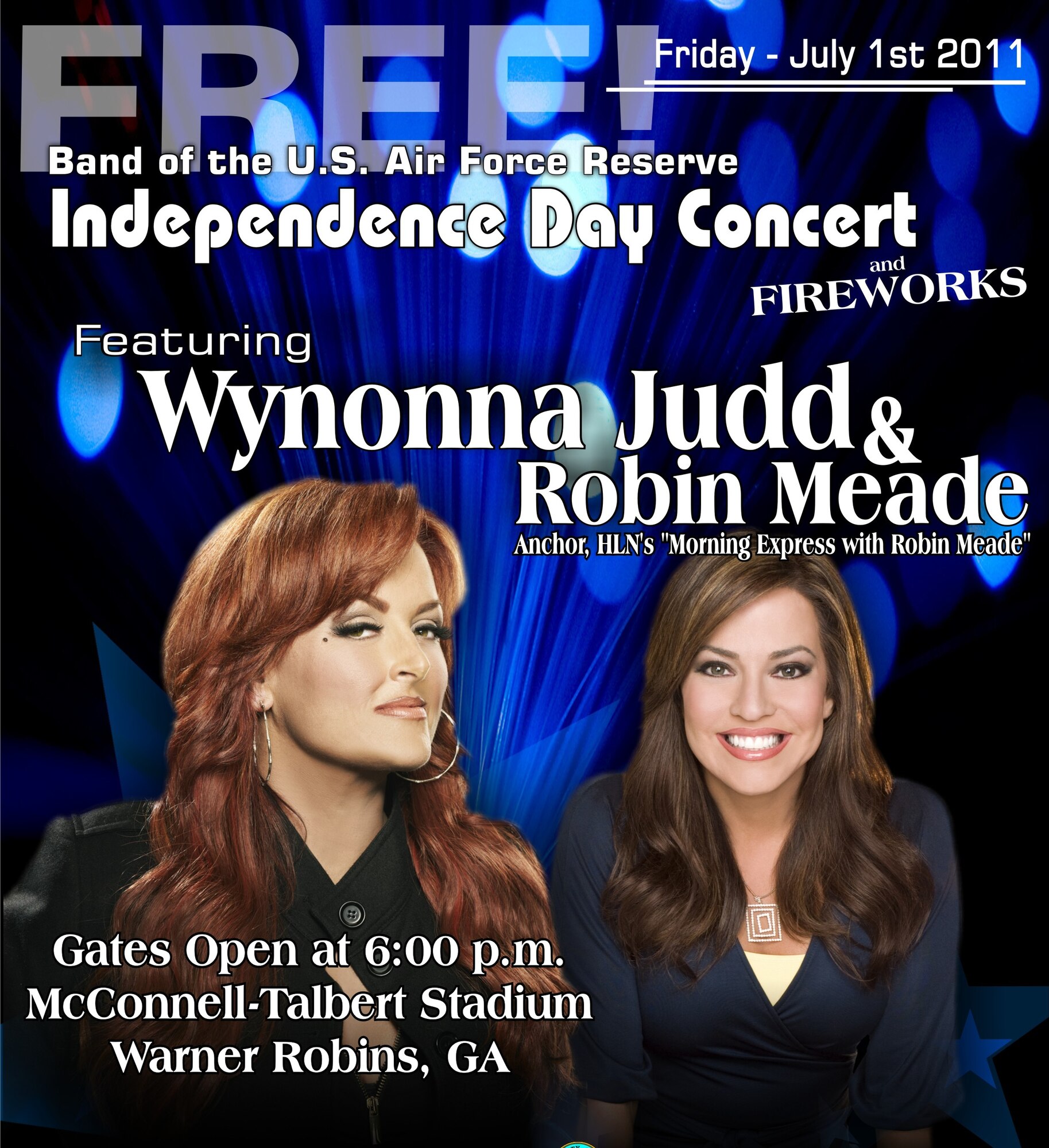 Five-time Grammy award winner Wynonna Judd and Robin Meade, anchor of Headline News' "Morning Express with Robin Meade" will perform with the Band of the U.S. Air Force Reserve on July 1 at this year's Independence Day Concert in Warner Robins. 

