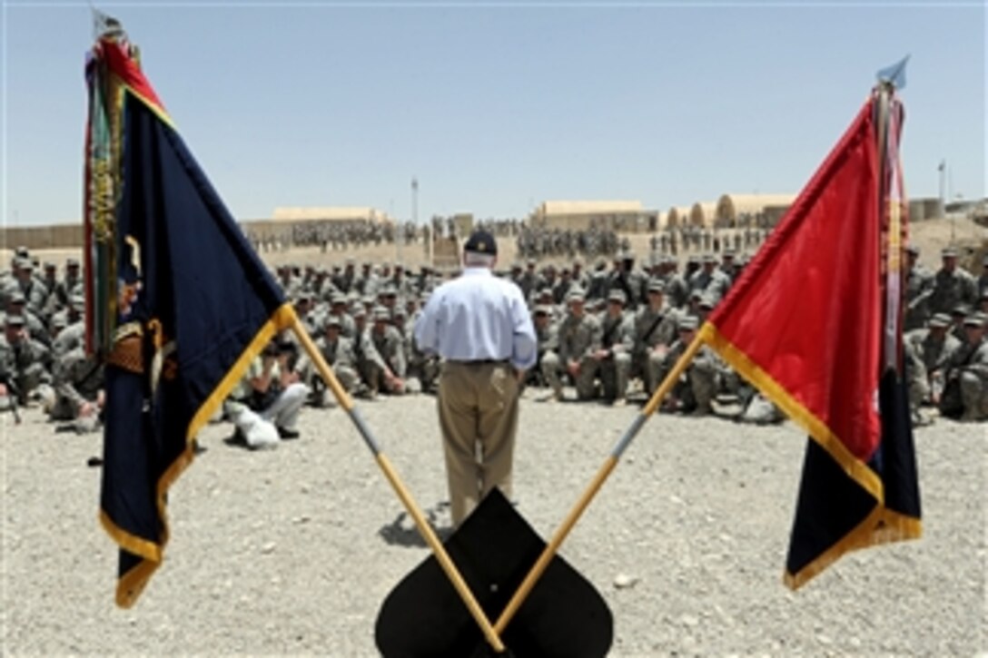 Secretary of Defense Robert M. Gates thanks soldiers for their service and bids them farewell at a Forward Operating Base in Afghanistan on June 6, 2011.  
