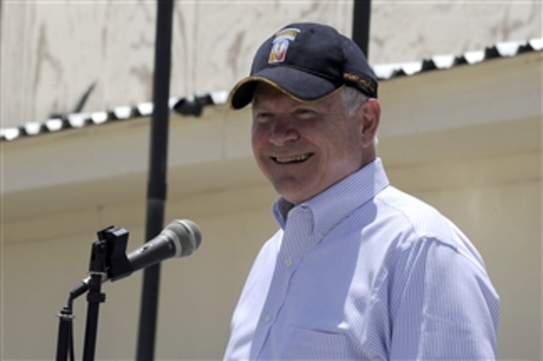 Secretary of Defense Robert M. Gates thanks soldiers for their service and bids them farewell at a Forward Operating Base in Afghanistan on June 6, 2011.  