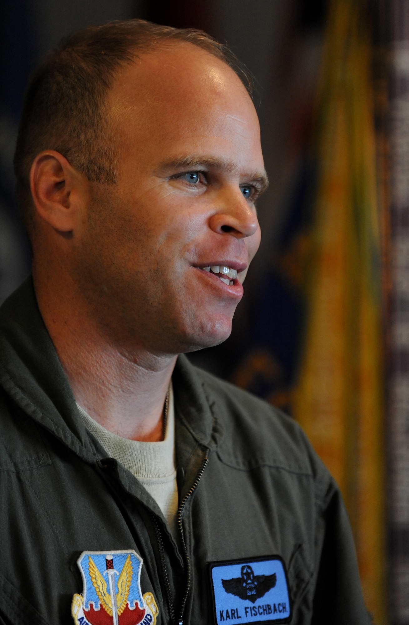 NAVAL AIR STATION WHIDBEY ISLAND, Wash. -- Lt. Col. Karl Fischbach, 390th Electronic Combat Squadron commander, give his remarks after assuming command at the 390th ECS Change of Command Ceremony here June 8. The change of command ceremony is a military tradition that dates back ti 1775 when Gen. George Washington drew his sword to assume command of the continental army. (U.S. Air Force photo by Staff Sgt. Gina Chiaverotti-Paige)