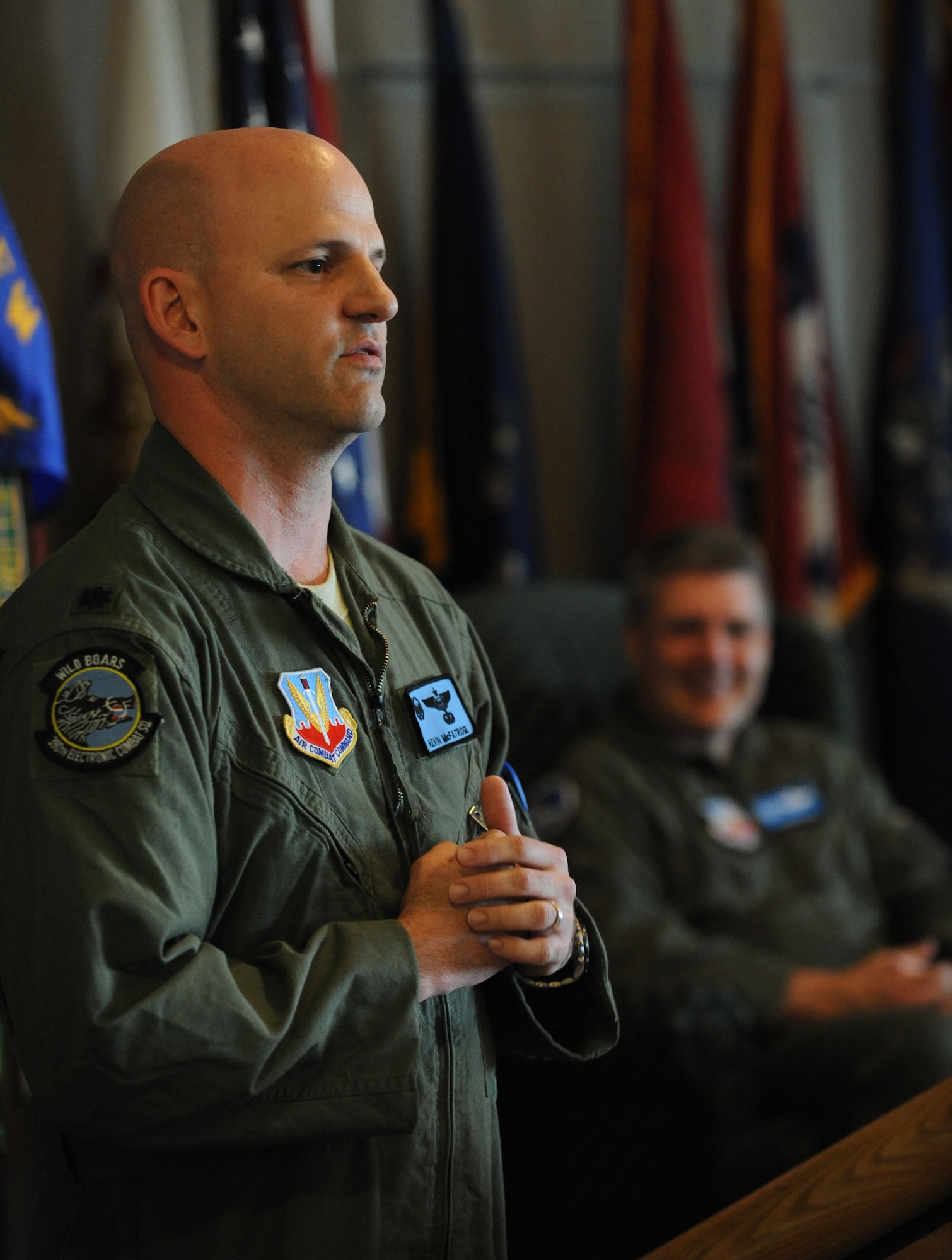 NAVAL AIR STATION WHIDBEY ISLAND, Wash. -- Lt. Col. Donald McFatridge, 390th Electronic Combat Squadron out-going commander, says his farewells before relinquishing command to Lt. Col. Karl Fischbach at the 390th ECS Change of Command Ceremony here June 8. Colonel McFatridge is headed to San Jose State University, Ca., to be a ROTC detachment commander. (U.S. Air Force photo by Staff Sgt. Gina Chiaverotti-Paige)