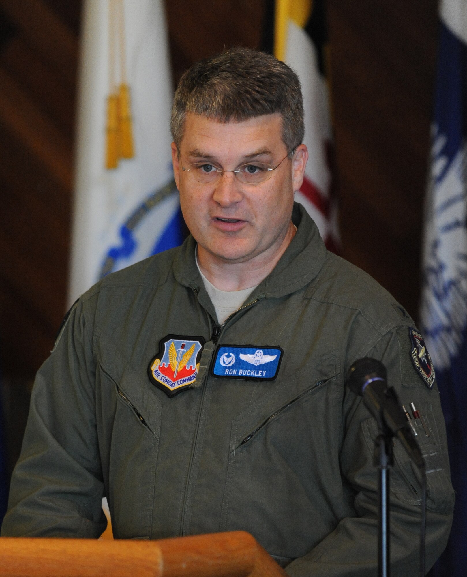 NAVAL AIR STATION WHIDBEY ISLAND, Wash. -- Col. Ron Buckley, 366th Fighter Wing commander, provides his comments at the beginning of the 390th Electronic Combat Squadron Change of Command here June 8. The 390th is a tenant unit of the 366th Fighter Wing, Mountain Home Air Force Base, Idaho. (U.S. Air Force photo by Staff Sgt. Gina Chiaverotti-Paige)