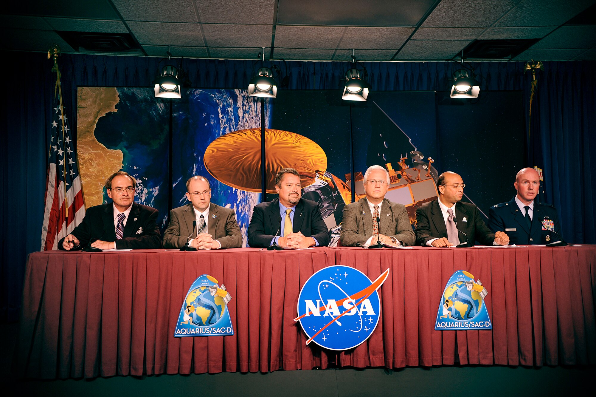 VANDENBERG AIR FORCE BASE, Calif. - Members from NASA, the United Launch Alliance, Jet Propulsion Laboratory and Team V address questions from local and international media during the news conference for the Delta II launch at the NASA Vandenberg resident office Tuesday, June 6, 2011.  The launch of the Aquarius/SAC-D observatory aboard a United Launch Alliance Delta II rocket is scheduled for Thursday, June 9. Liftoff will be from NASA’s Space Launch Complex 2 at Vandenberg. Liftoff is targeted to occur during a five-minute launch window that opens at 7:20 a.m. PDT. The spacecraft’s final circular polar orbit will be 408 statute miles (657 kilometers) at an inclination of 98 degrees. (U.S. Air Force photo/Staff Sgt. Andrew Satran)