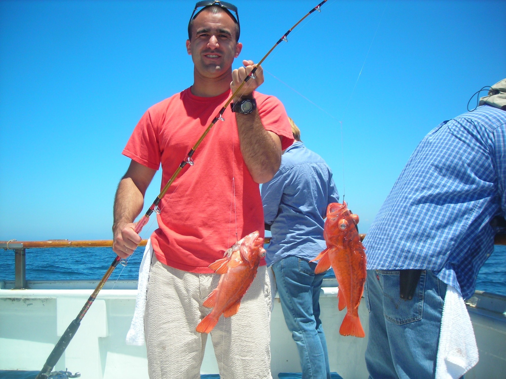 Capt. Joel Lozano from the Air Force Flight Test Center Contracting office said the deep- sea fishing trip he and the other Airmen were treated to was a great experience. Captain Lozano was one of four Airmen returning from an overseas deployment and the fishing trip was a way of thanking the Airmen for their service. (Courtesy photo by William (Jeff) Arnett)