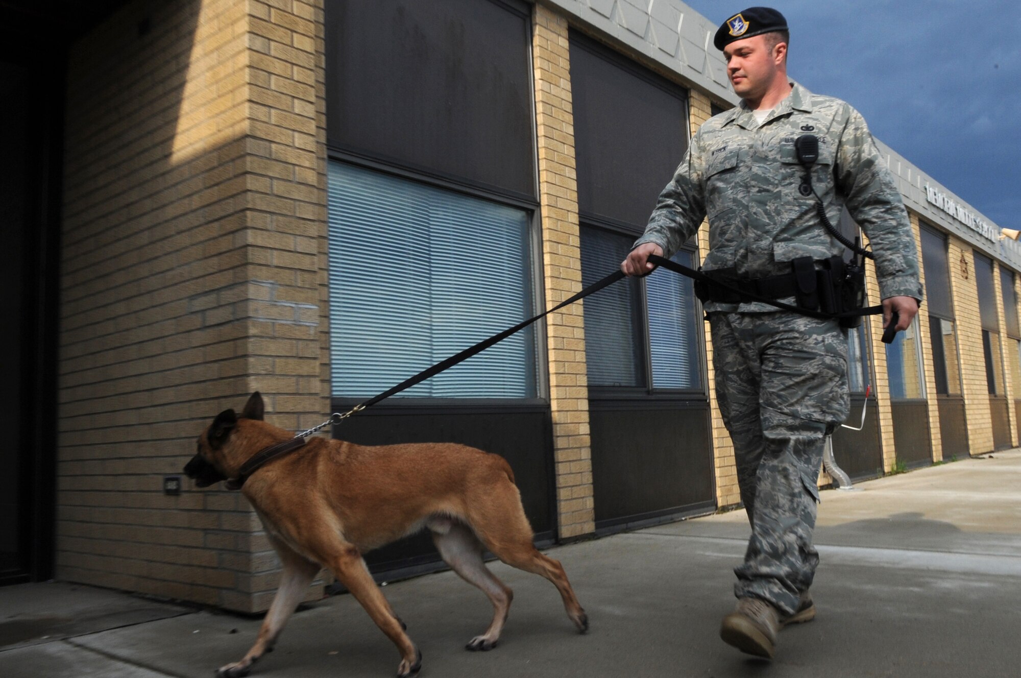 MINOT AIR FORCE BASE, N.D. -- Staff Sgt. David Wyrick, 5th Security Forces Squadron military working dog handler, conducts a building security check at Memorial Middle School here June 7. During the summertime there is an increase in patrols around base housing to ensure overall base security. 5th SFS police services increases direction of patrols on base and sends them out to where they are needed most based on crime trends. (U.S. Air Force photo/Airman 1st Class Jose L. Hernandez)