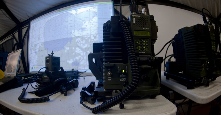 MOODY AIR FORCE BASE, Ga.-- A PCR 152 is set up as part of a training exercise to test the skills and equipment of the 820th Combat Operations Squadron June 7. The radio is used to communicate with troops and vehicles on the ground via the hand-held radio. (U.S. Air Force photo/Airman 1st Class Nicholas Benroth)(RELEASED)