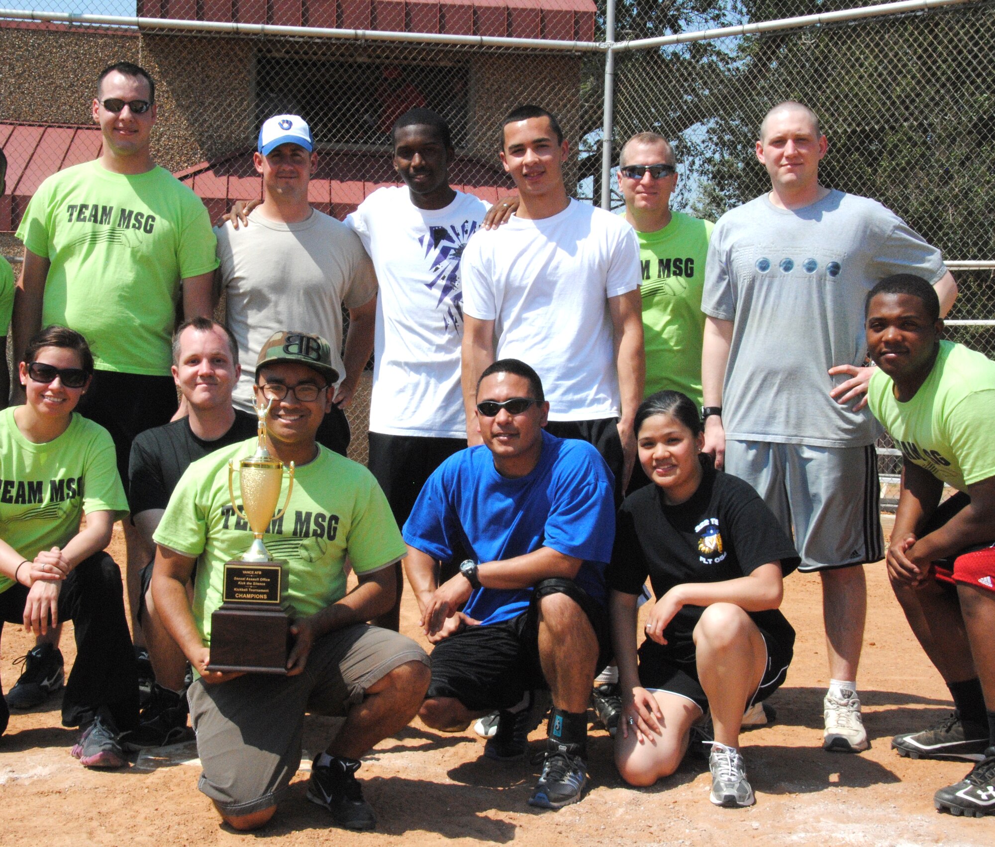 The 71st Mission Support Group team took first place in the “Kick the Silence” kickball tournament held Friday, June 3, at the softball fields at Vance AFB, Okla. Team members are: back row from left, Senior Airman Thomas Adkinson, Staff Sgt. Brett Polzin, Airman 1st Class Alton McCarver, P.J. Rosario, Chief Master Sgt. Andrew Ridenhower and Staff Sgt. Joshua Bryan. Front row from left, Airman 1st Class Rosa Garcia, Tech. Sgt. Christopher Stanley, Senior Airman Sean Noble, Tech. Sgt. Pablo Ruiz Rosario, Airman 1st Class Alixia Alejandro and 2nd Lt. Jerrel Scriven. Not pictured is Airman 1st Class Nathaniel Davenport. The team’s battle cry was "Proud to fight, Ready to Serve, Who are We? Team MSG!" (U.S. Air Force photo/ Zach Sproul)