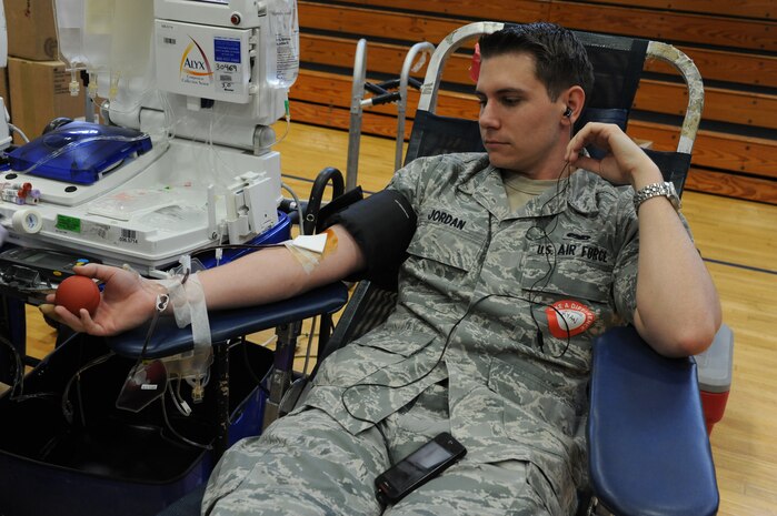 Airman First Class Ryan Jordan donates blood at the Joint Base Charleston Fitness Center June 8. The Blood Drive was hosted by the American Red Cross. Airman Jordan is from the 437th Aircraft Maintenance Squadron. (U.S. Air Force photo/Staff Sgt. Nicole Mickle)  