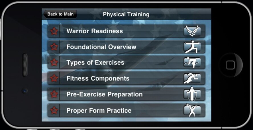 Air Force Airmen Fundamentals Physical Training ipod interface image of mobile phone app.The physical training segment of the app includes menus for warm-up and cool-down plus pre-exercise preparation. 