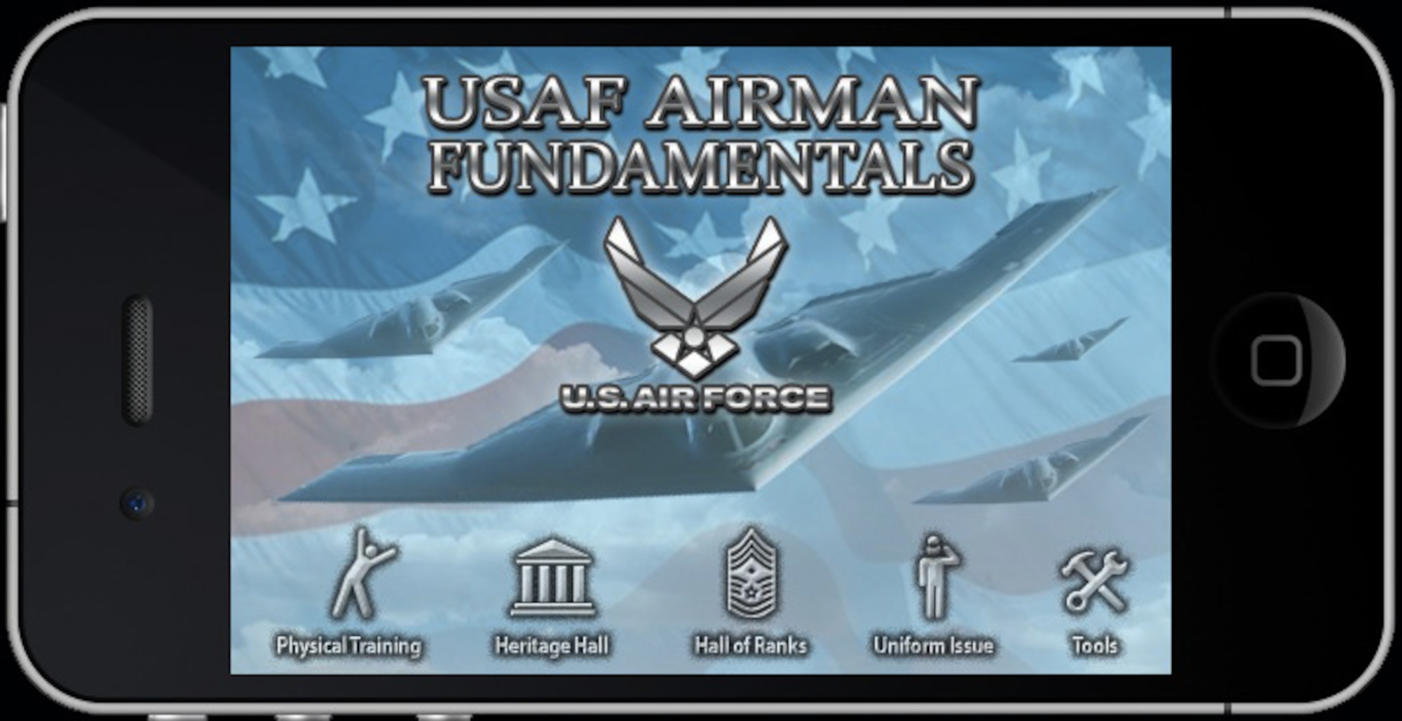 Air Force Airmen Fundamentals ipod interface image of mobile phone app. The mobile app is available for download from the iTunes Store and will be available from the Android Market in early July.  